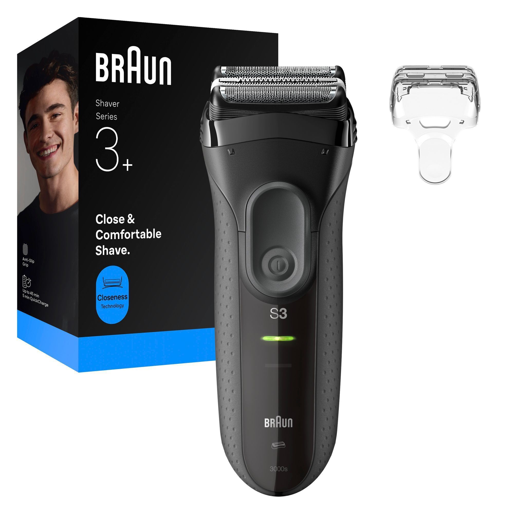Braun Series 3 Rasierer mit Verpackung, die "Close & Comfortable Shave" und "Closeness Technology" hervorhebt.