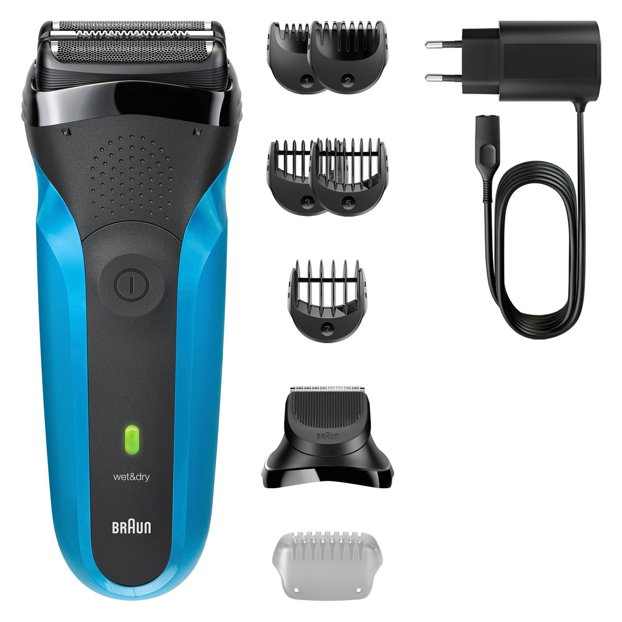 Braun Series 3 Rasierer mit ZubehÃ¶r, einschlieÃlich verschiedener TrimmeraufsÃ¤tze und ReinigungsbÃ¼rste.