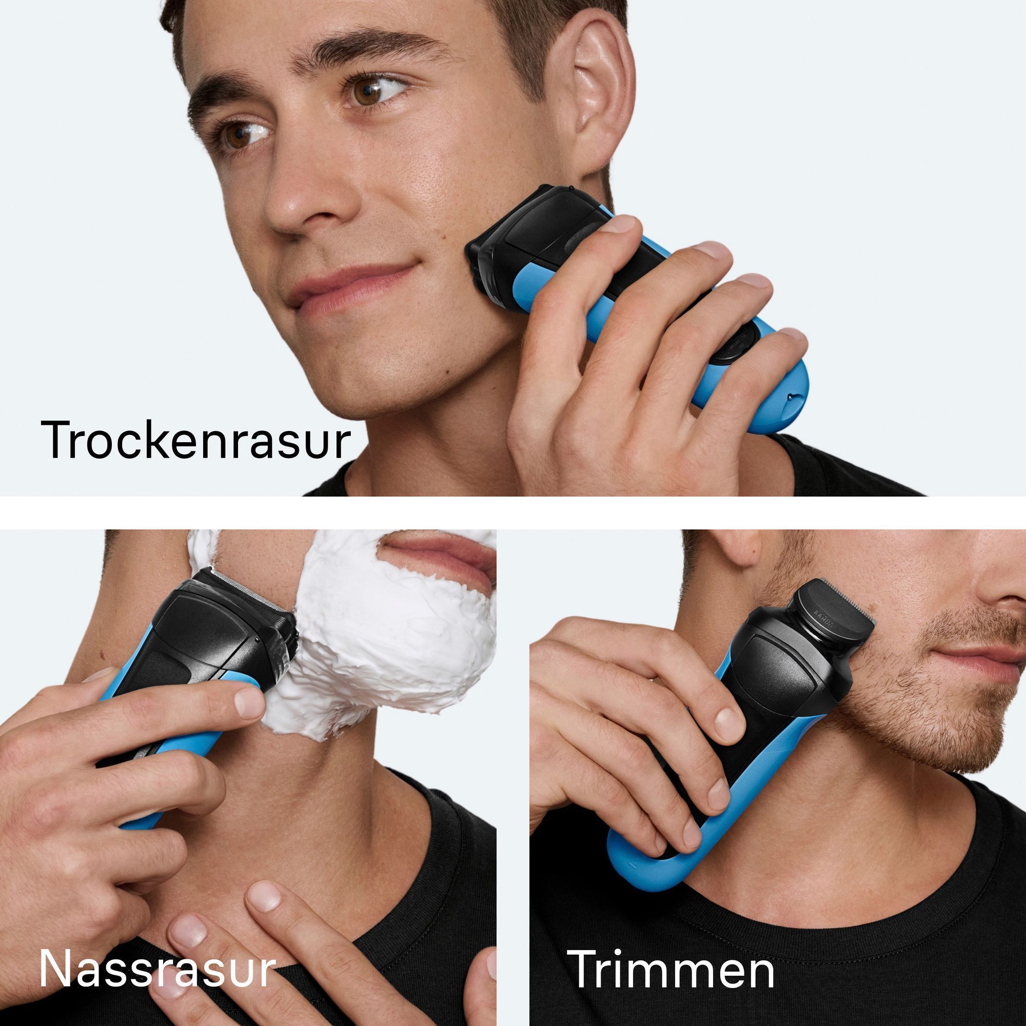 Braun Rasierer im Einsatz für Trockenrasur, Nassrasur mit Schaum und zum Trimmen von Bartstoppeln.