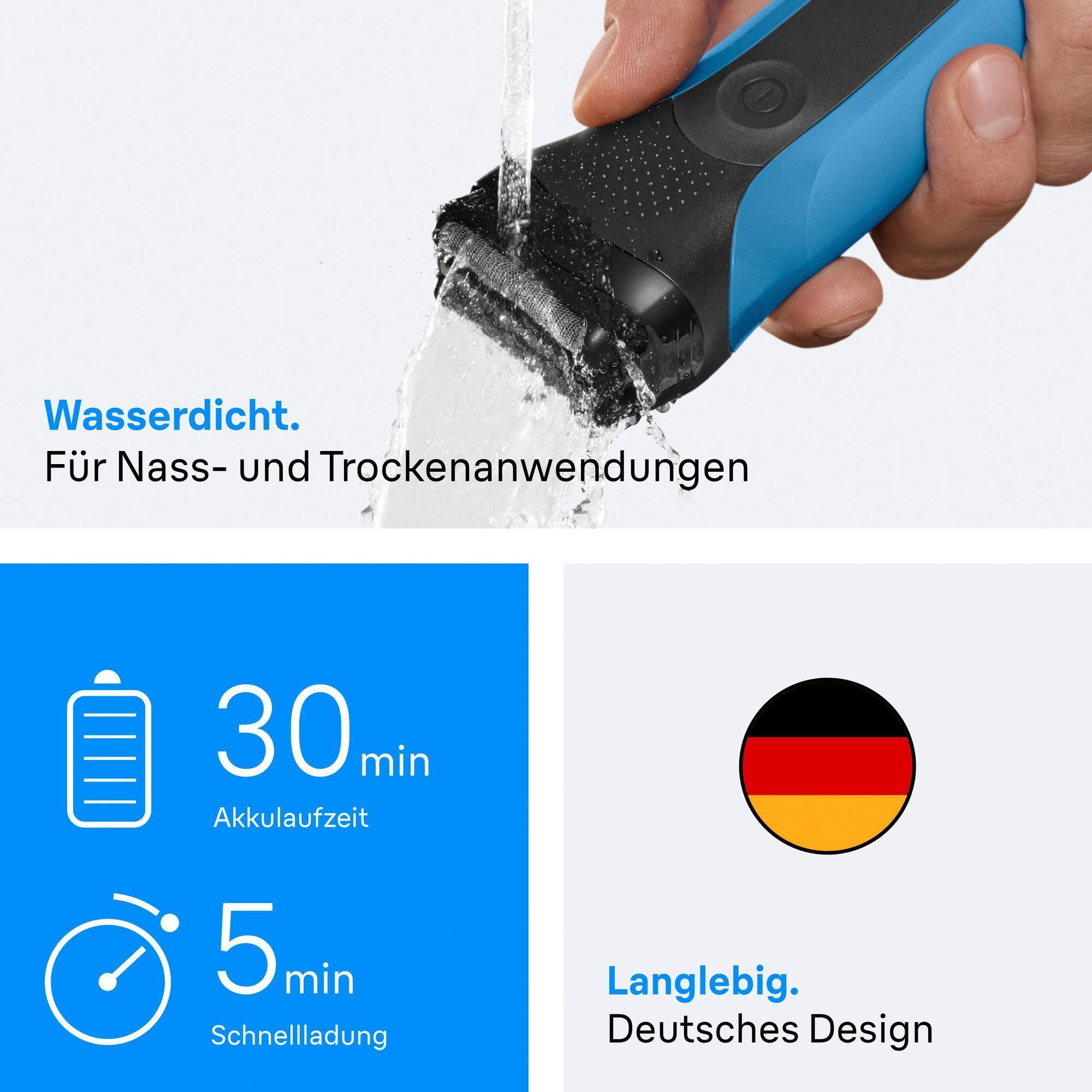 Braun Rasierer unter fließendem Wasser, der die Wasserdichtigkeit für Nass- und Trockenanwendungen demonstriert.