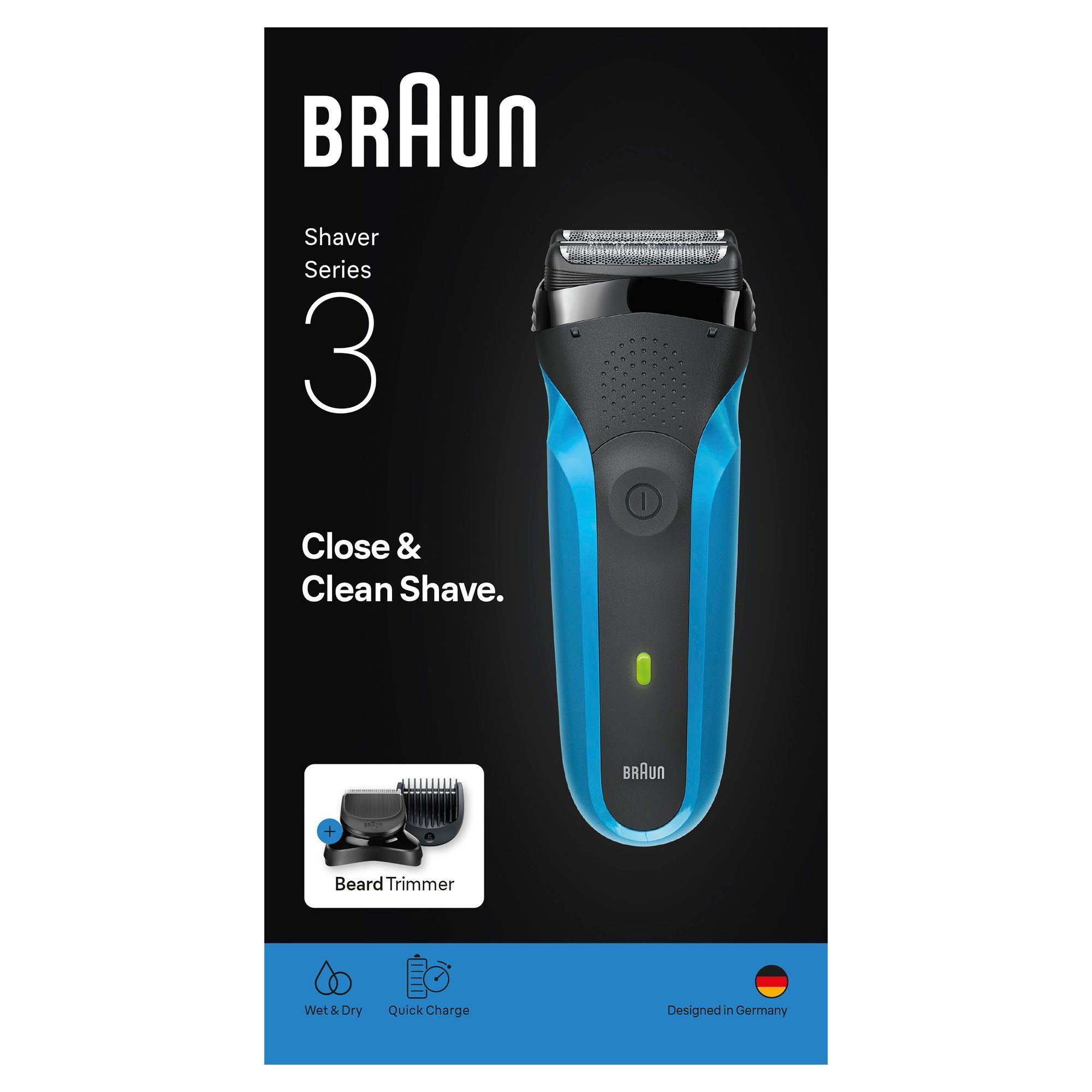Braun Series 3 Rasierer, abgebildet mit Verpackung und dem Hinweis auf einen Barttrimmer-Aufsatz.