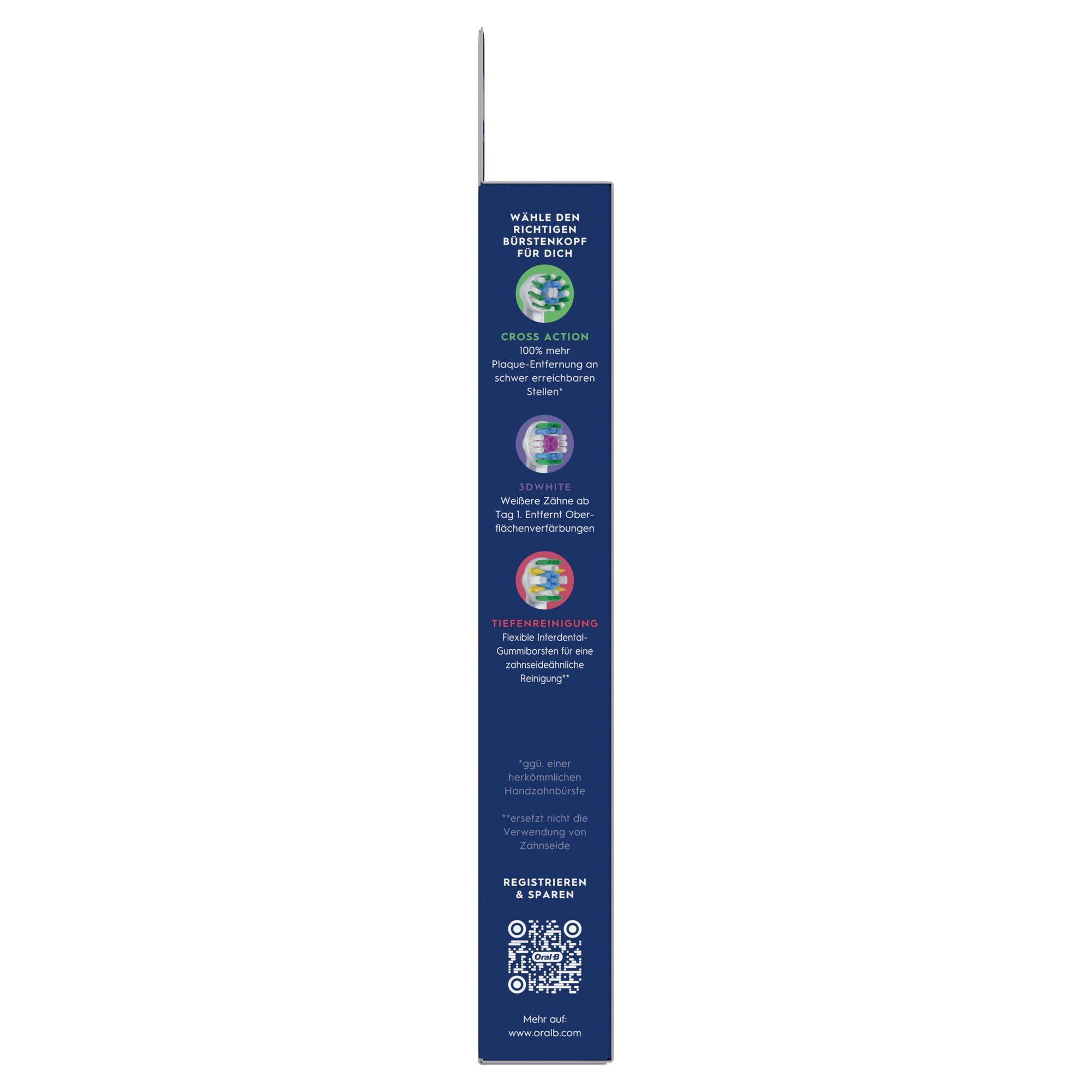 Oral-B Bürstenkopf-Verpackung mit den Hinweisen auf Cross Action, 3D White und Tiefenreinigung für eine zahnseideähnliche Reinigung.
