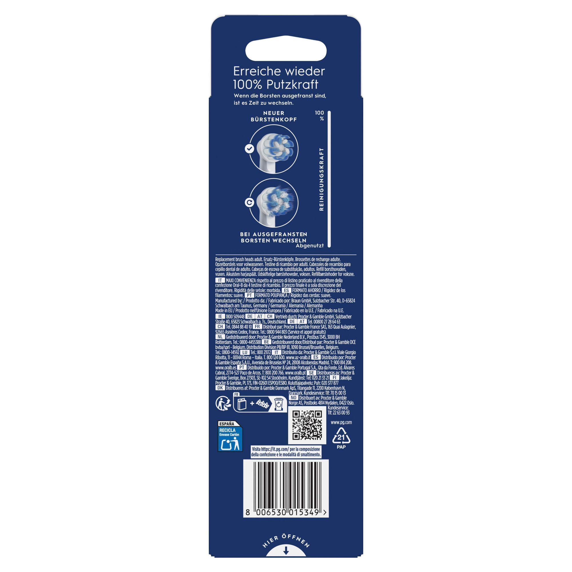 Oral-B Aufsteckbürsten-Verpackung, die den Hinweis "Erreiche wieder 100% Putzkraft" hervorhebt, wenn die Borsten ausgefranst sind.