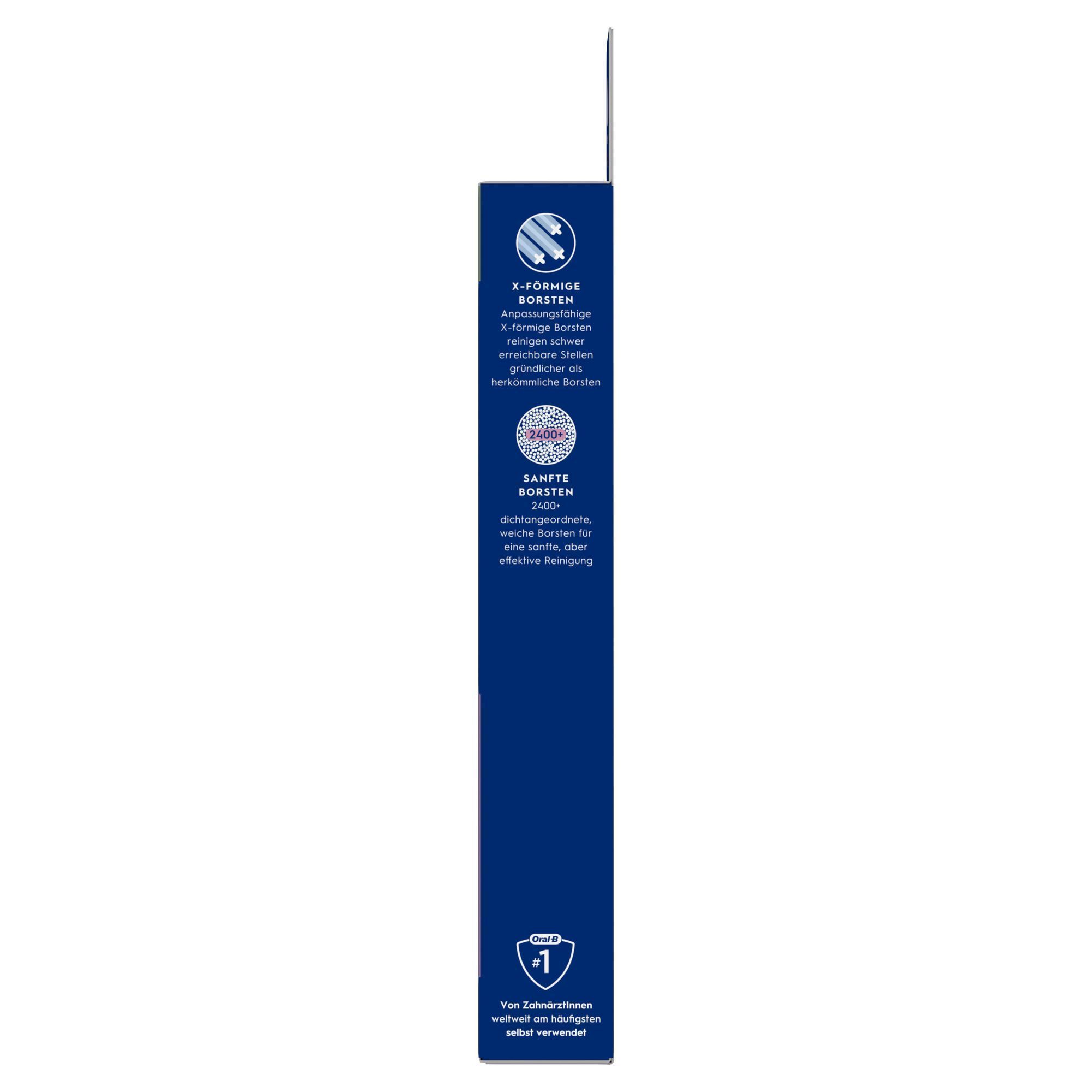 Oral-B Zahnbürsten-Verpackung, die X-förmige Borsten für schwer erreichbare Stellen und sanfte Borsten für effektive Reinigung hervorhebt.