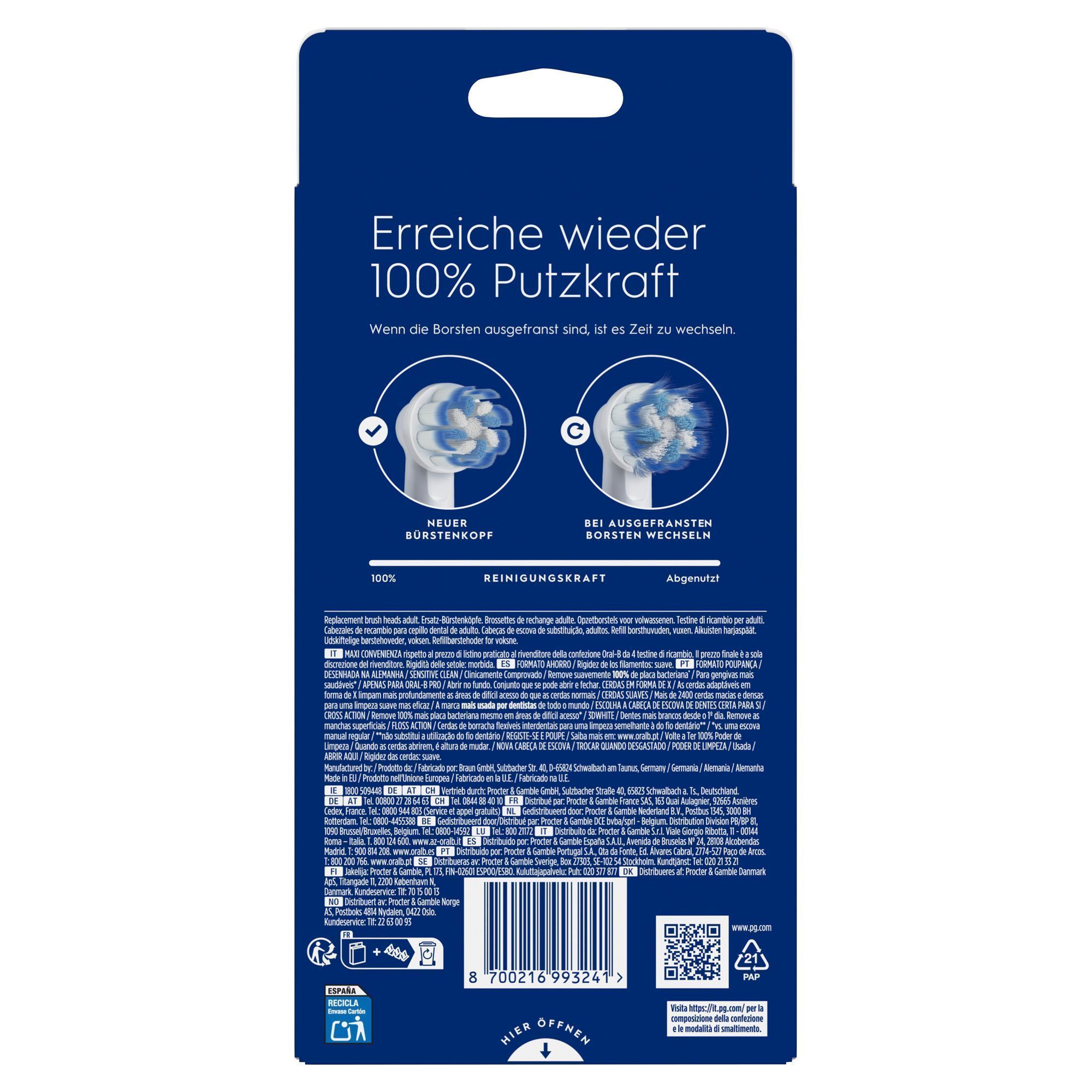 Oral-B Aufsteckbürsten-Verpackung, die 100 % Putzkraft verspricht und den rechtzeitigen Wechsel bei abgenutzten Borsten hervorhebt.