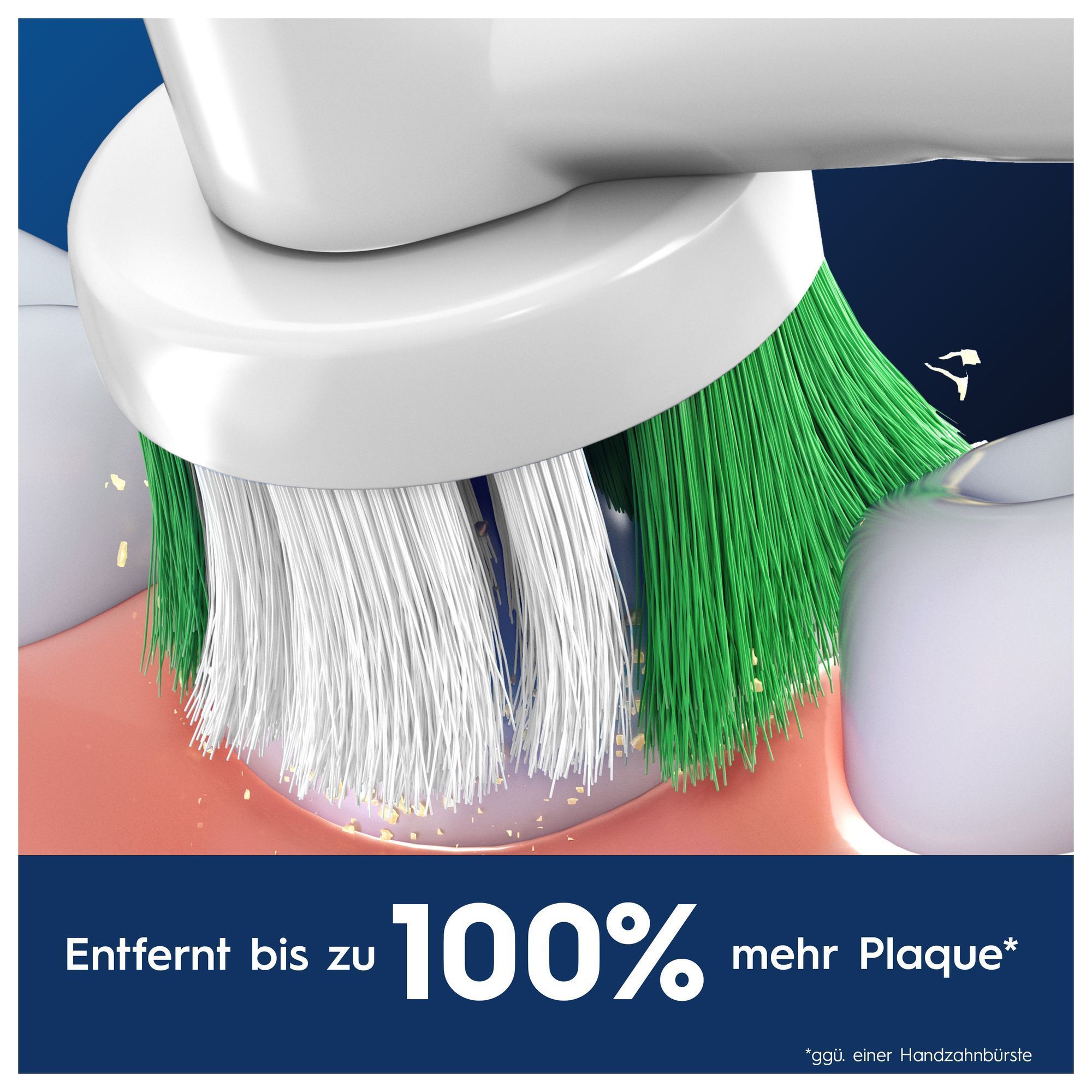 Oral-B Zahnbürste in Aktion, die bis zu 100% mehr Plaque entfernt, wie durch die Darstellung der Plaque-Entfernung hervorgehoben wird.