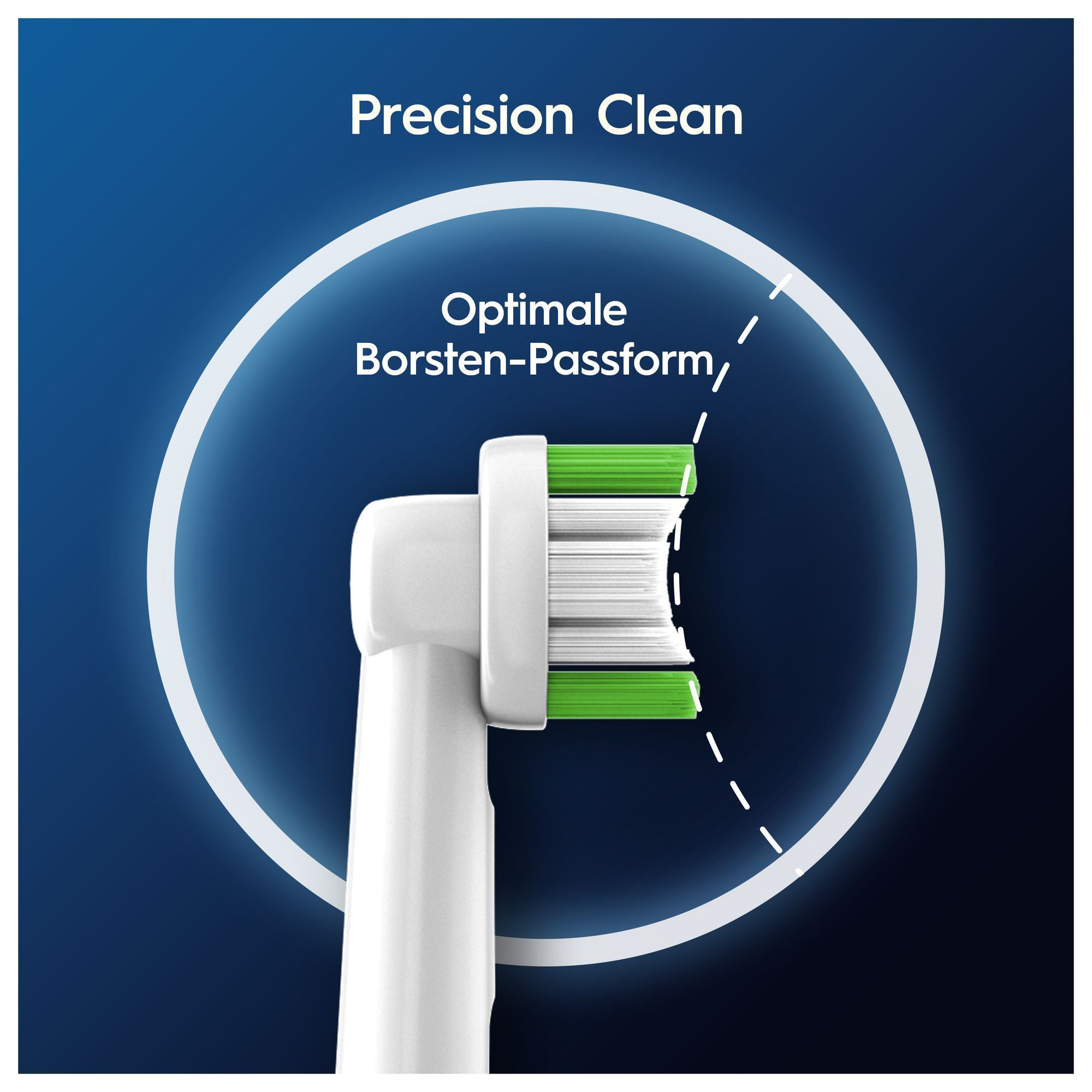 Oral-B Bürstenkopf mit optimaler Borsten-Passform für präzise Reinigung, hervorgehoben durch einen weißen Kreis.