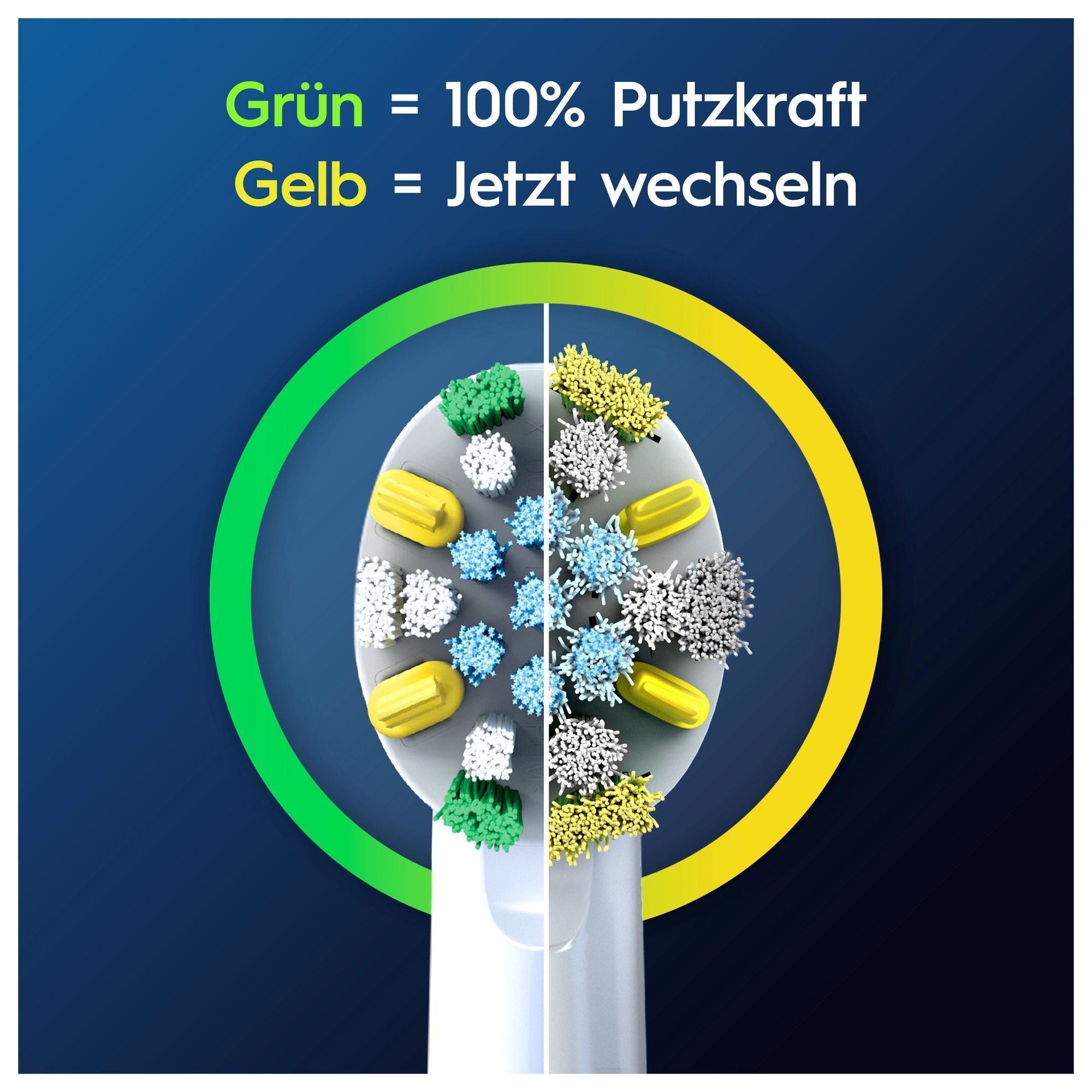 Oral-B Bürstenkopf-Illustration: Grüne Borsten stehen für 100% Putzkraft, gelbe Borsten signalisieren den notwendigen Wechsel.