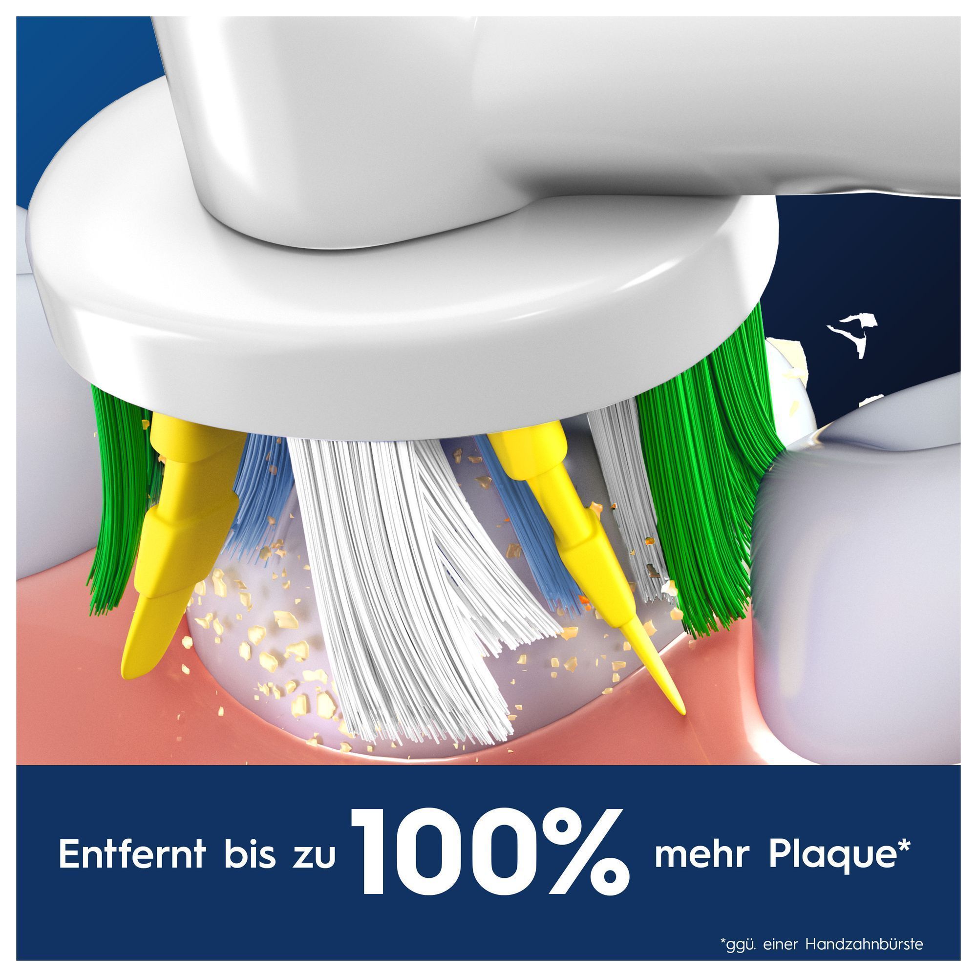 Oral-B Zahnbürste entfernt bis zu 100% mehr Plaque im Vergleich zu einer Handzahnbürste, wie die sauberen Zähne demonstrieren.
