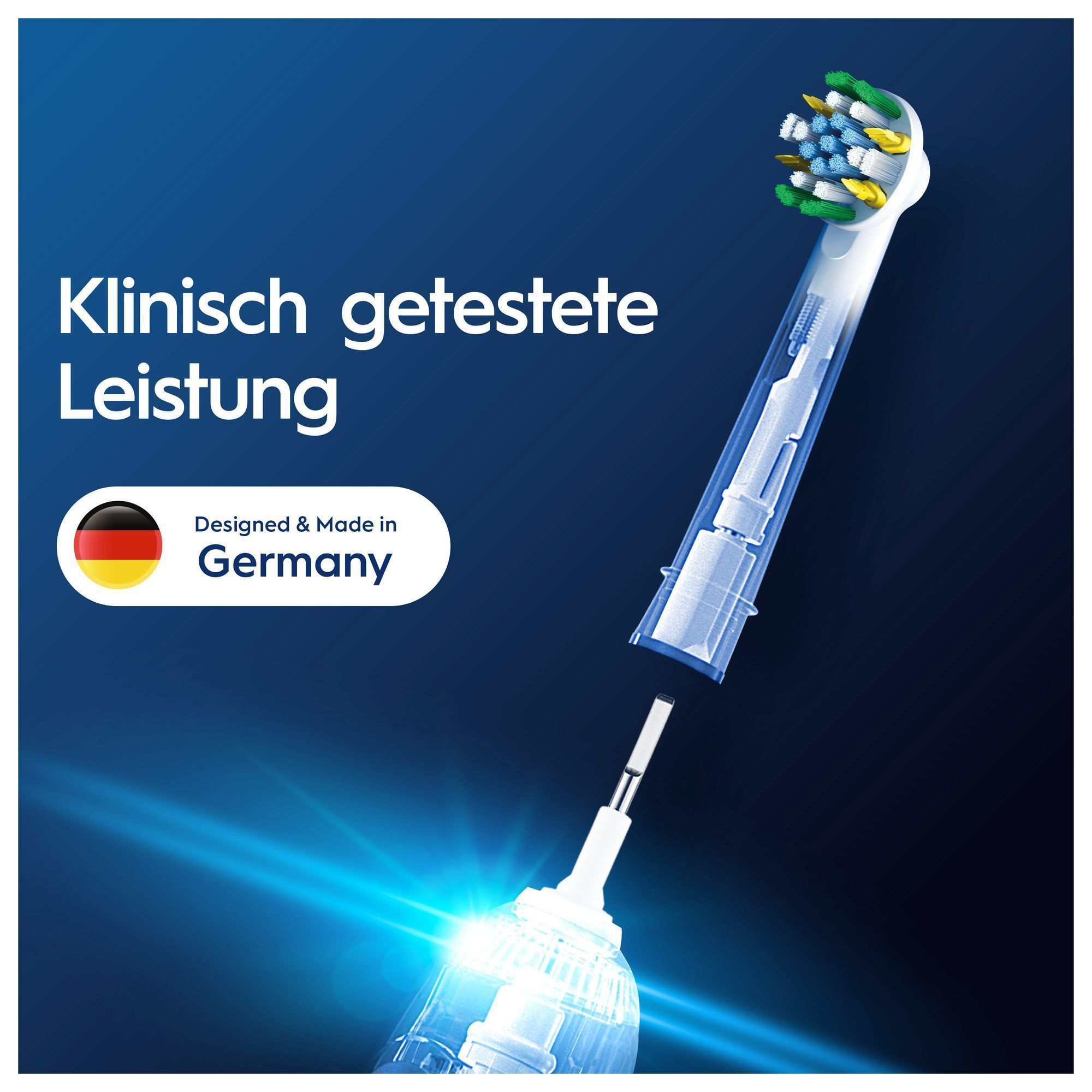 Oral-B Bürstenkopf mit transparentem Design, das die klinisch getestete Leistung und die Herstellung in Deutschland hervorhebt.