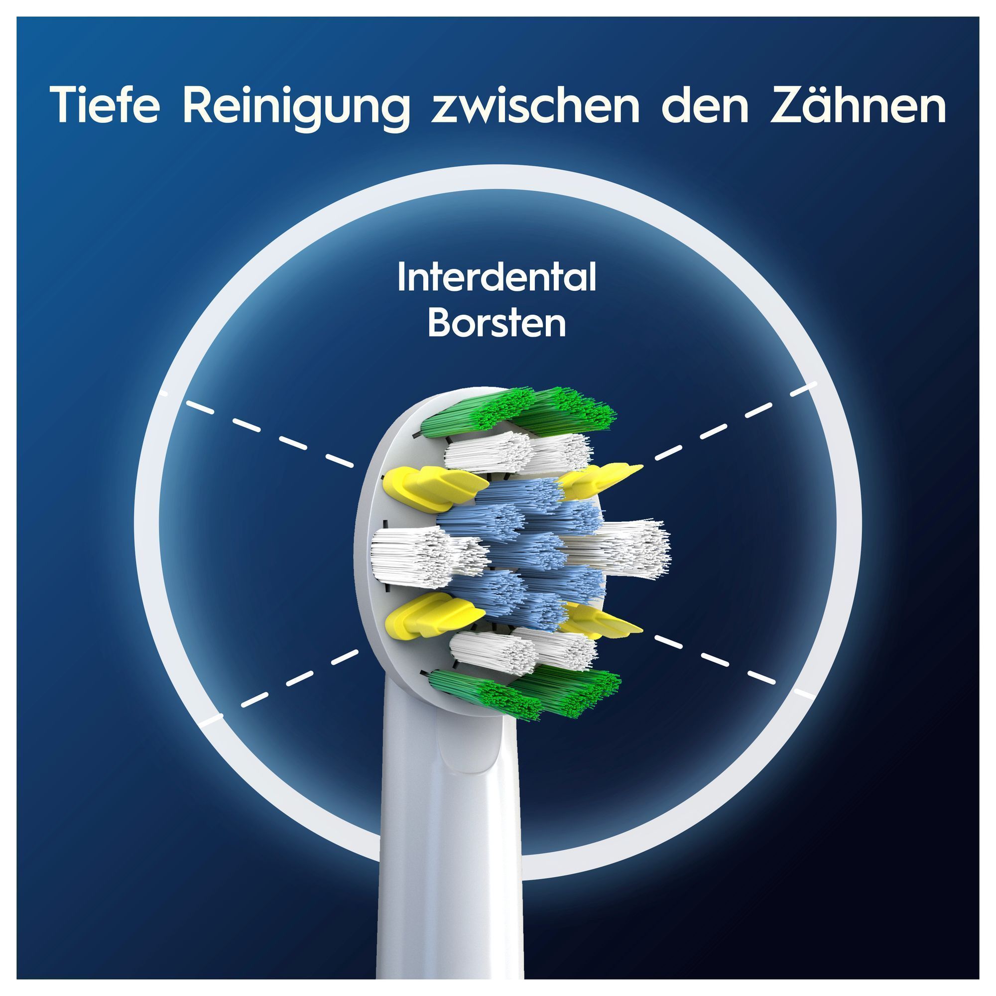 Oral-B Bürstenkopf mit Interdentalborsten für tiefe Reinigung zwischen den Zähnen, hervorgehoben durch einen kreisförmigen Effekt.