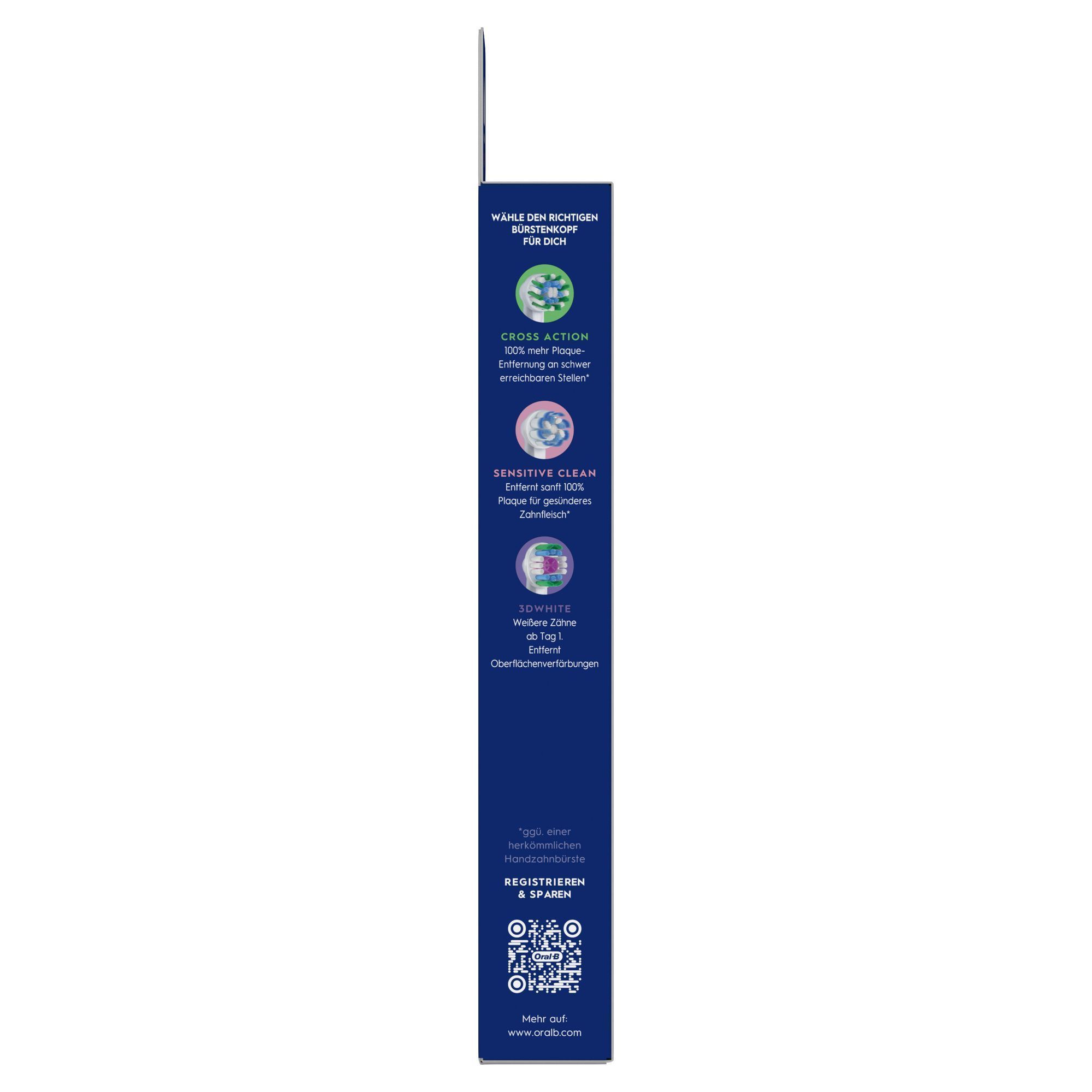 Oral-B Verpackung, die die Vorteile Cross Action, Sensitive Clean und 3D White hervorhebt.