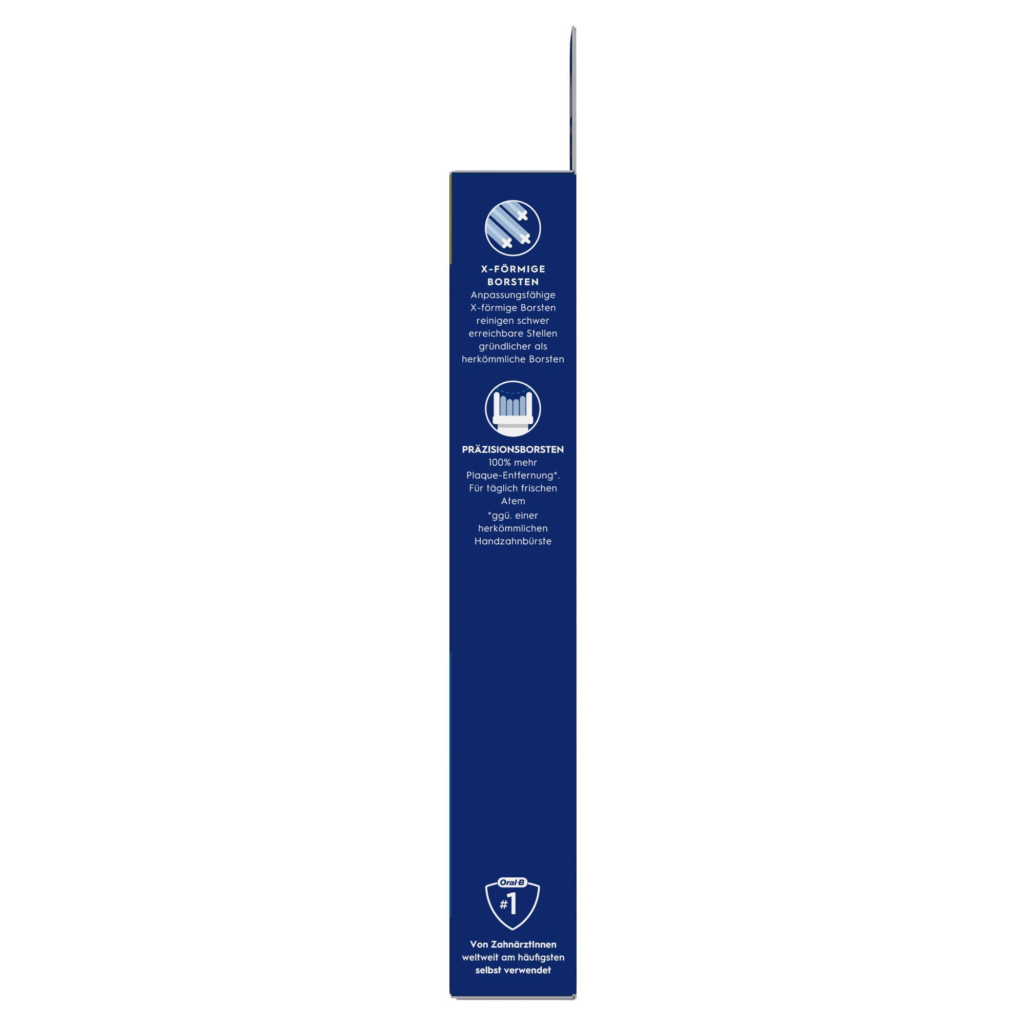 Oral-B Vverpackung mit dem Hinweis auf X-fÃ¶rmige Borsten fÃ¼r schwer erreichbare Stellen.