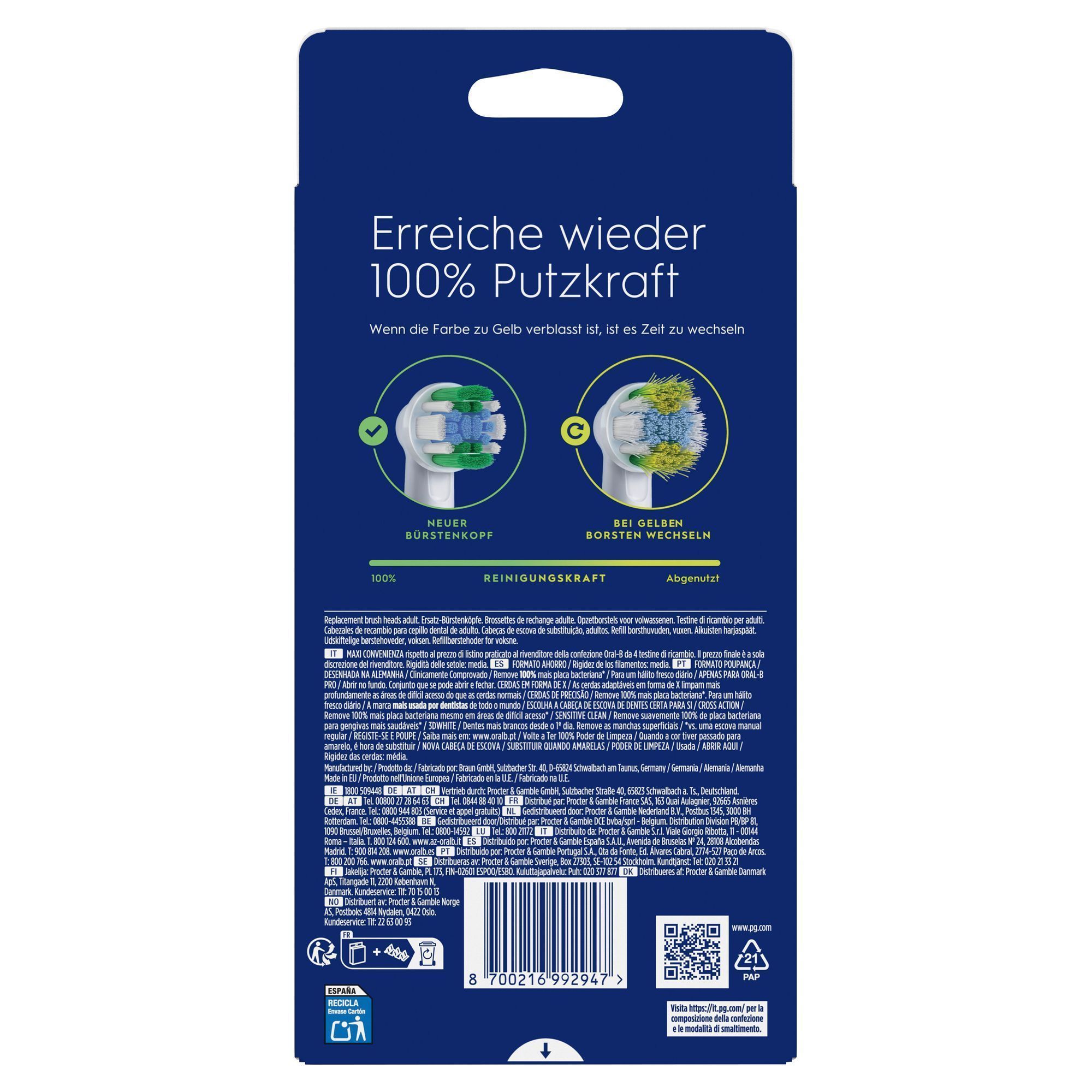 Oral-BAufsteckbÃ¼rsten-Verpackung, die anzeigen, wann die Borsten verblassen, um 100 % Putzkraft zu erhalten.