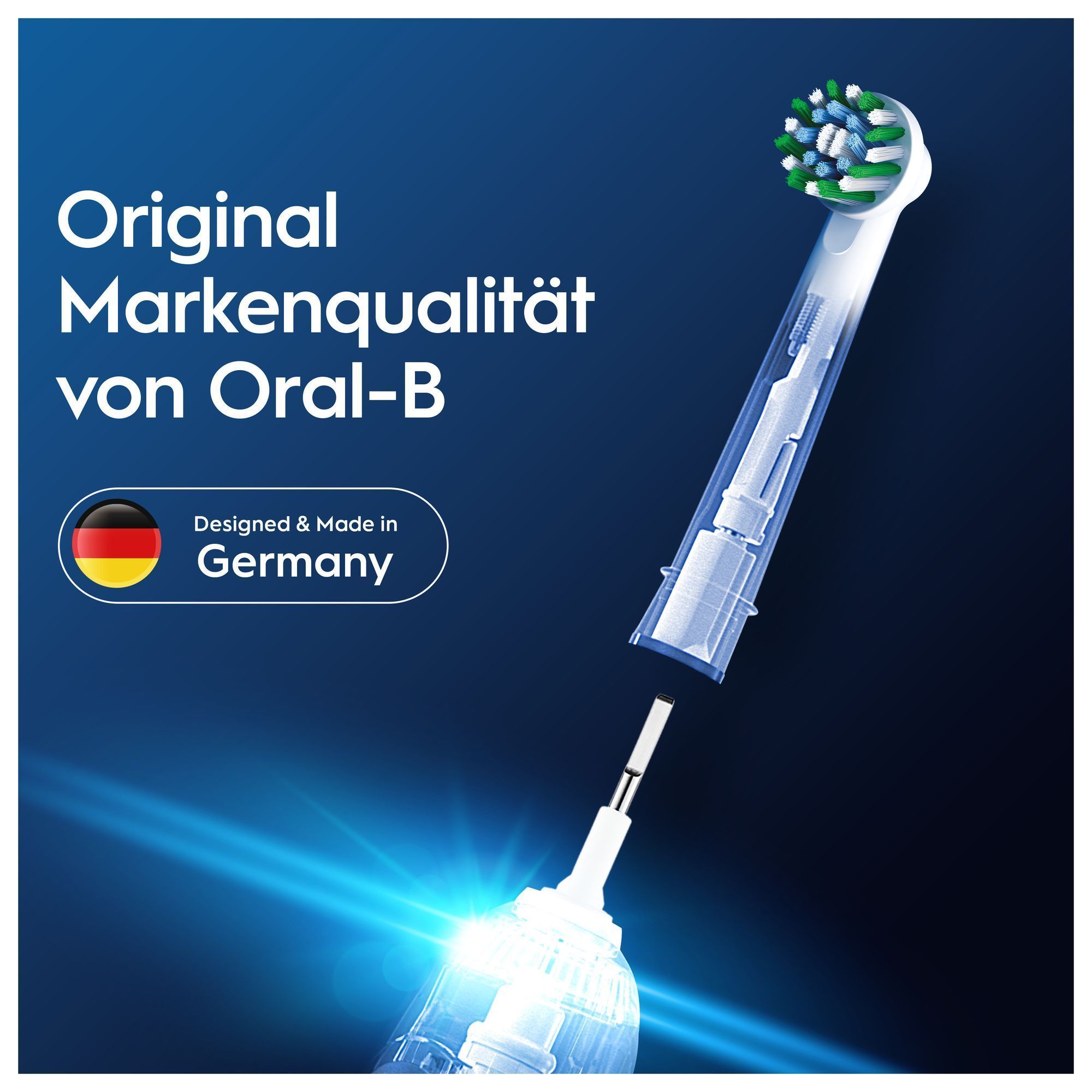 Oral-B Aufsteckbürste, transparent dargestellt, um die deutsche Markenqualität und Herstellung hervorzuheben.