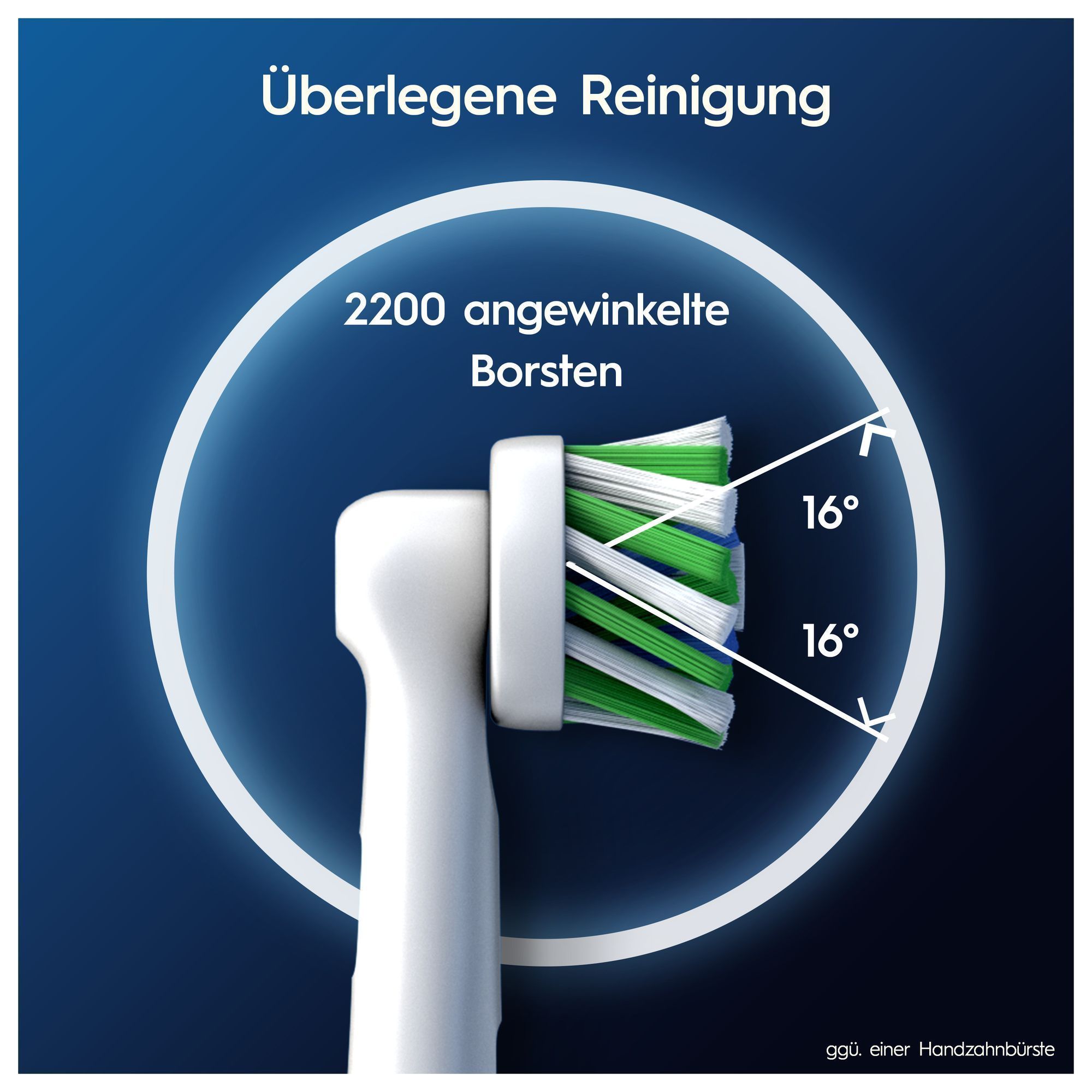 Oral-B Bürstenkopf mit 2200 angewinkelten Borsten, die in einem 16-Grad-Winkel angeordnet sind, für eine überlegene Reinigung.