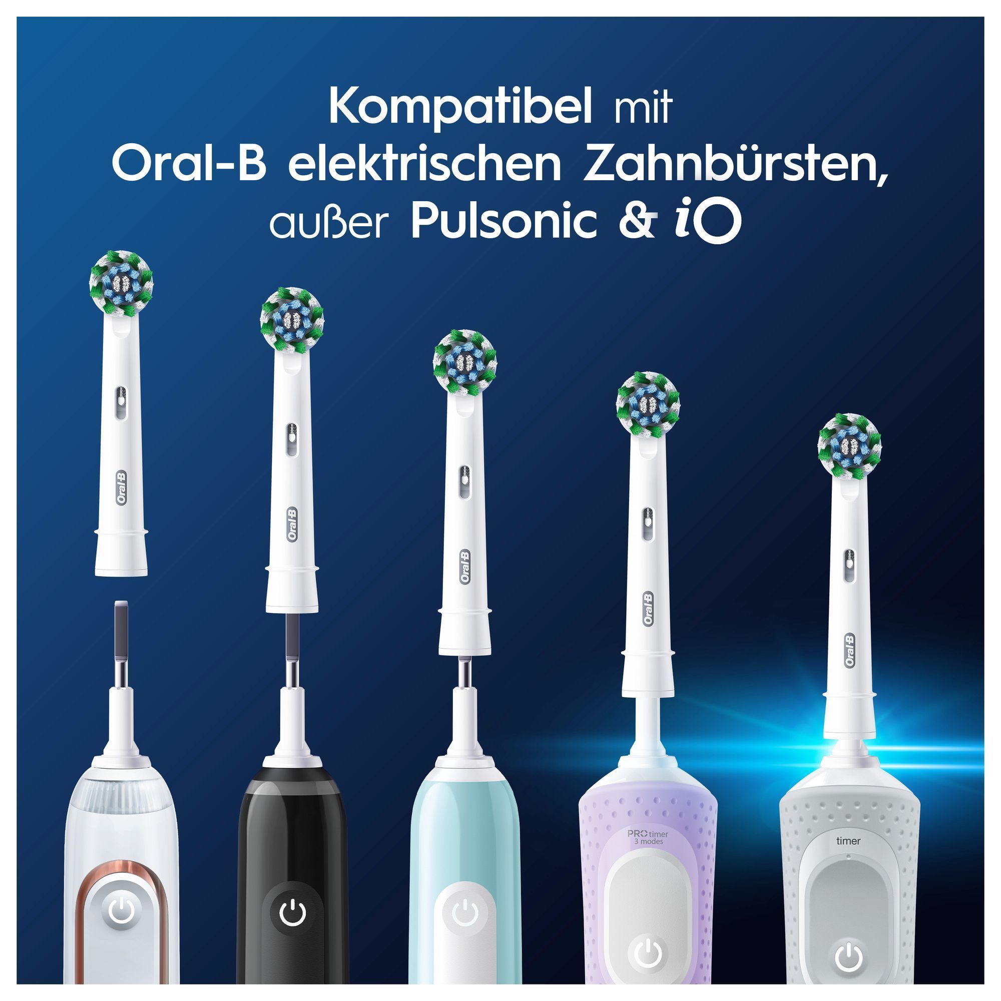 Oral-B Zahnbürstenköpfe, die mit verschiedenen Oral-B Zahnbürstenmodellen kompatibel sind (außer Pulsonic & iO).