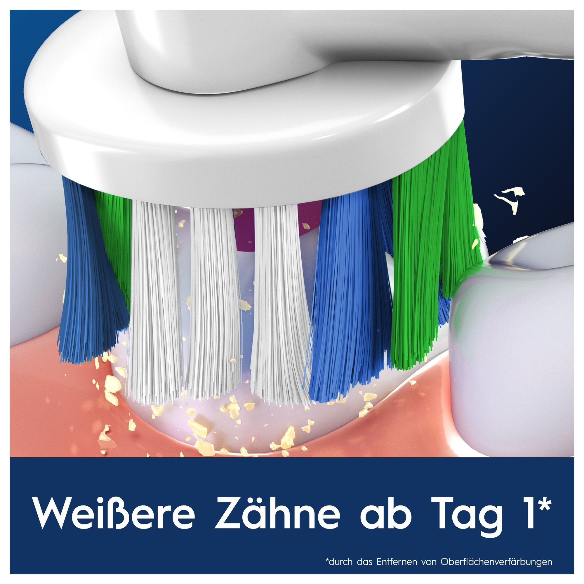 Oral-B Zahnbürste entfernt Oberflächenverfärbungen für weißere Zähne ab dem ersten Tag, wie durch die gelösten Partikel dargestellt.