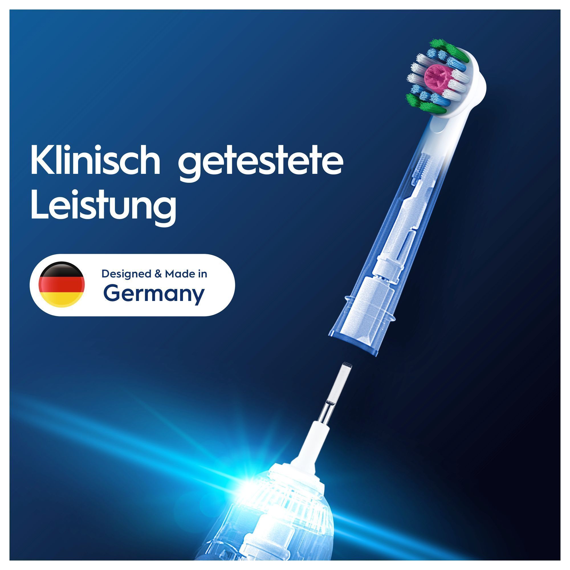 Oral-B Zahnbürste, die klinisch getestete Leistung und die Herstellung in Deutschland hervorhebt.