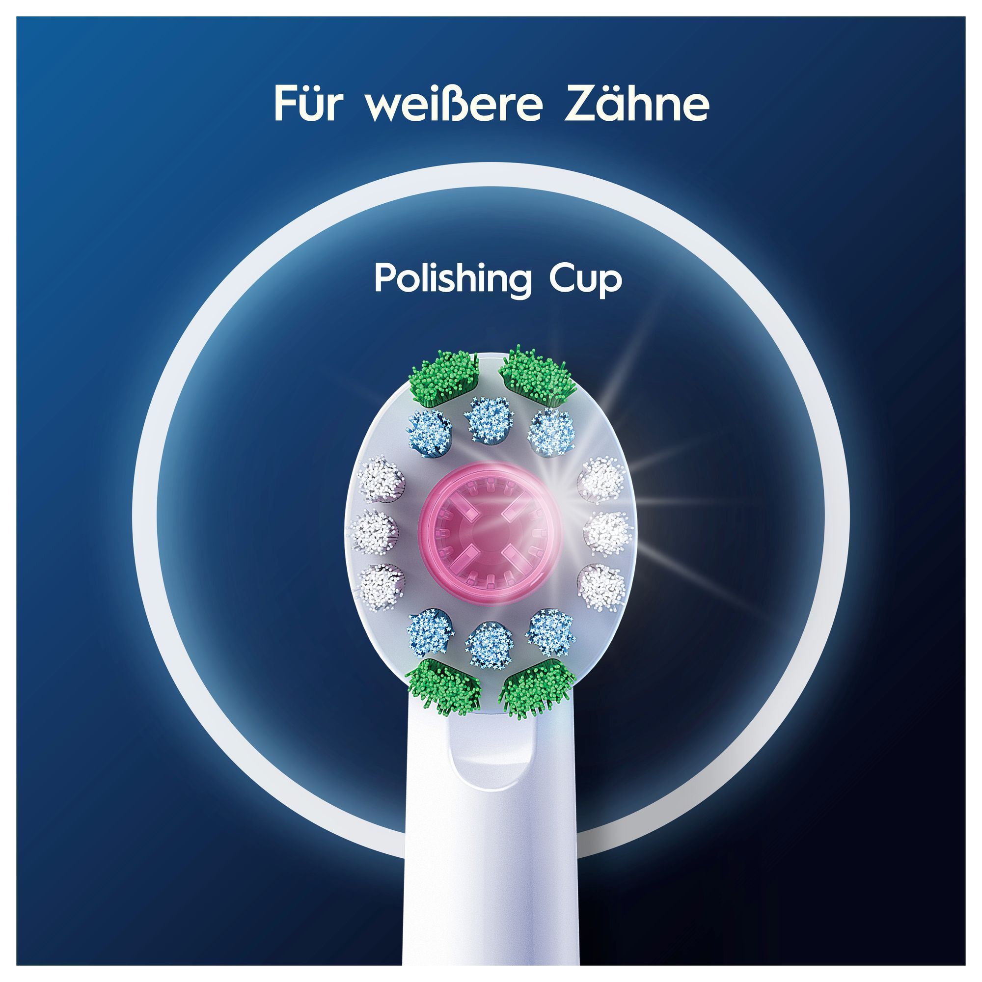 Oral-B Bürstenkopf mit Polishing Cup für weißere Zähne, visuell hervorgehoben durch einen strahlenden Lichteffekt.