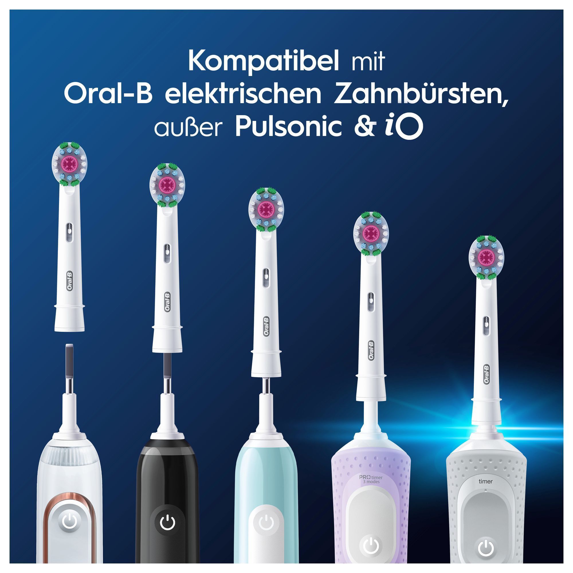 Verschiedene Oral-B elektrische Zahnbürsten, die die Kompatibilität mit den gezeigten Aufsteckbürsten demonstrieren.