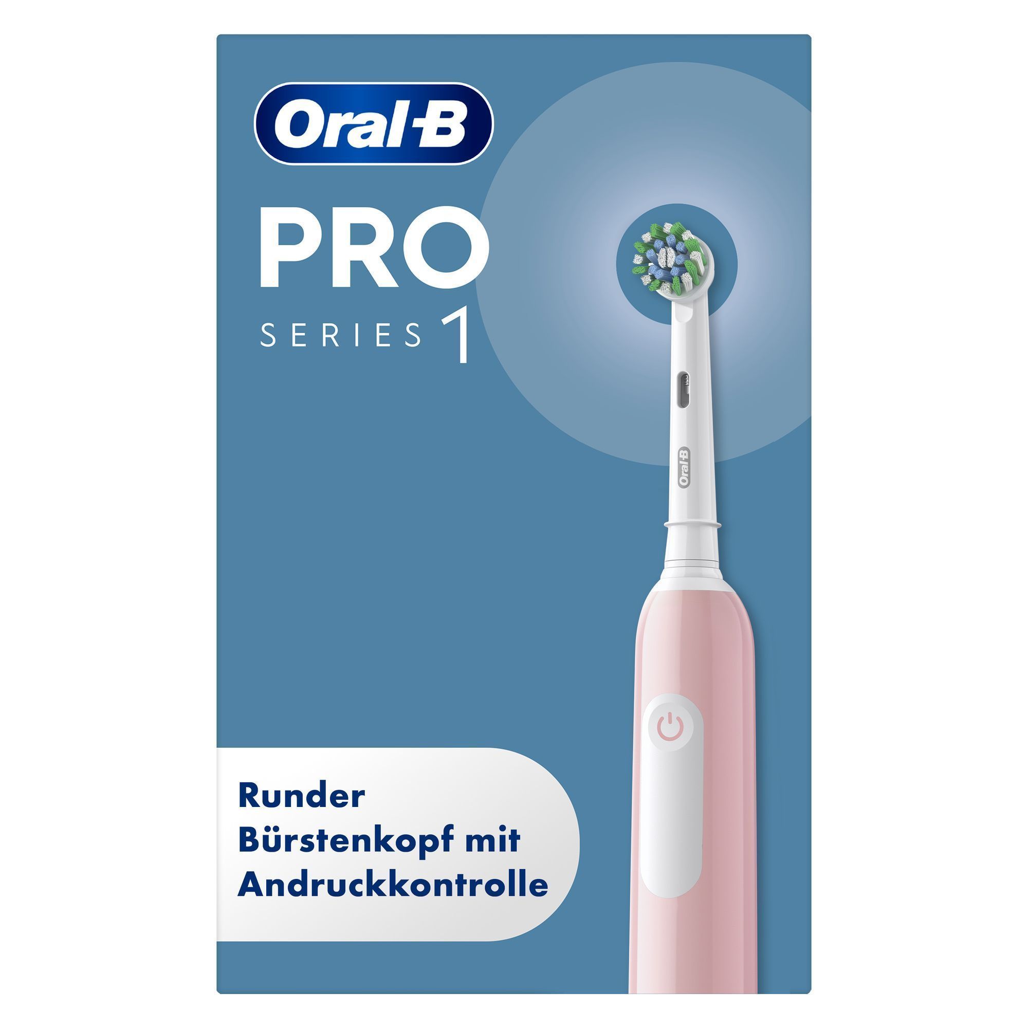 Oral-B PRO Series 1 Zahnbürste, Verpackung mit Hinweis auf den runden Bürstenkopf mit Andruckkontrolle.