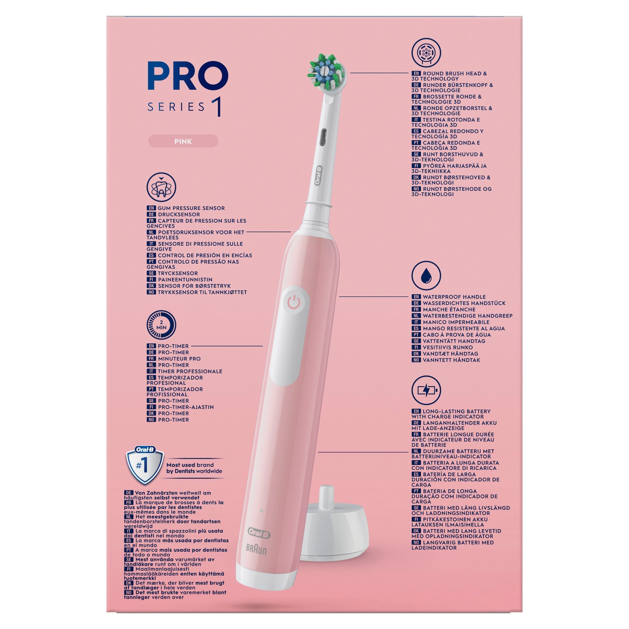 Oral-B Pro Series 1 Pink elektrische Zahnbürste, hervorgehoben als die von Zahnärzten weltweit am häufigsten verwendete Marke.