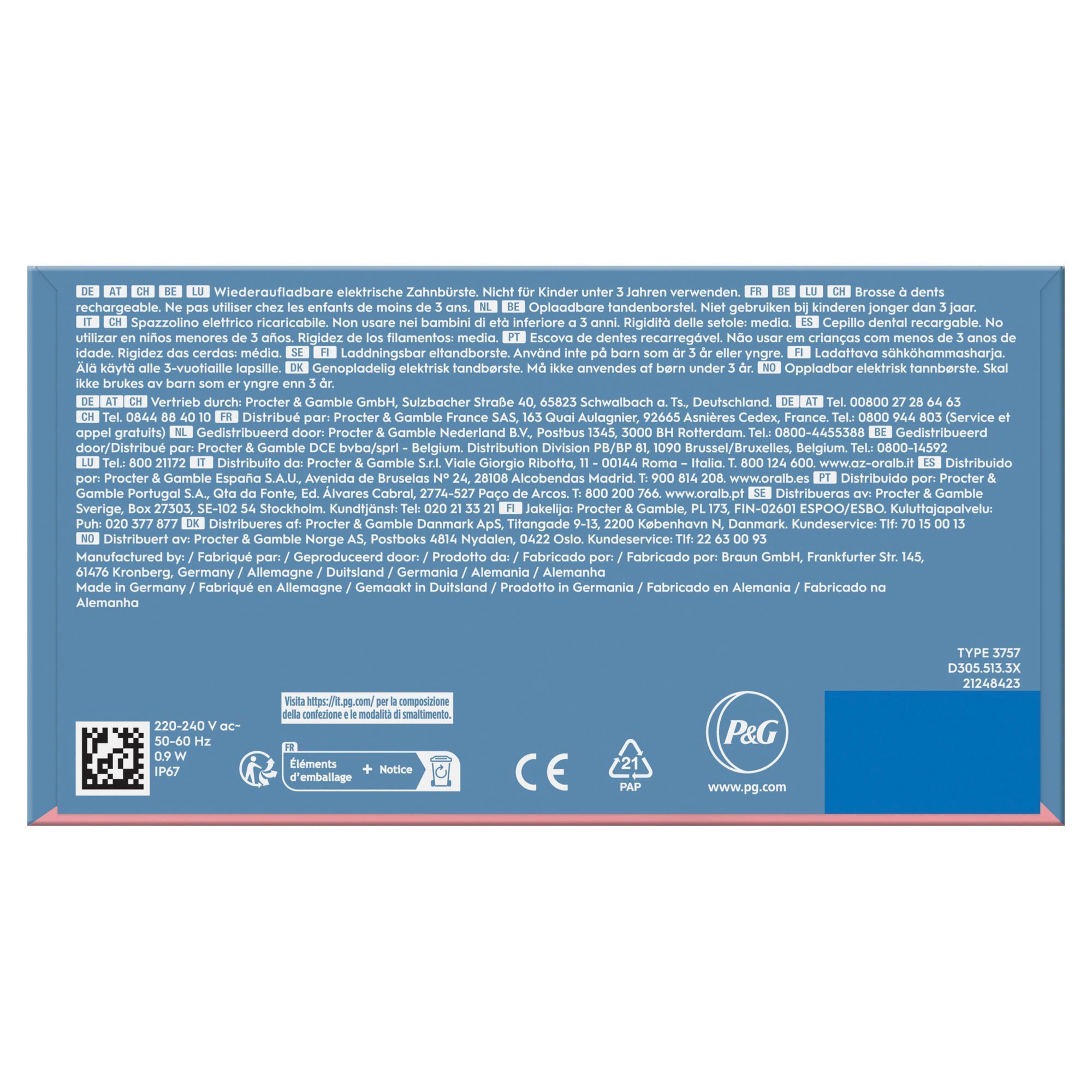 Oral-B Verpackung mit Hinweis: "Wiederaufladbare elektrische Zahnbürste. Nicht für Kinder unter 3 Jahren verwenden."
