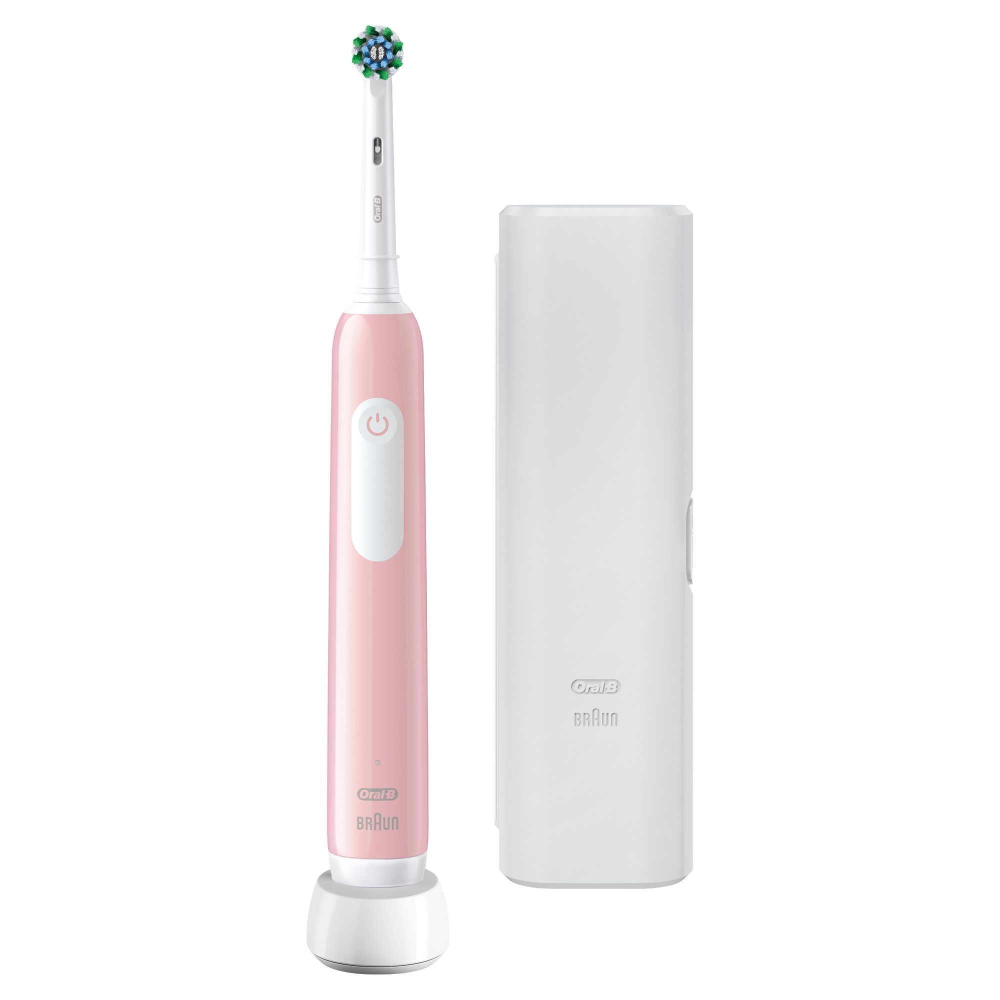 Oral-B elektrische Zahnbürste in Rosa, zusammen mit dem zugehörigen Reiseetui.