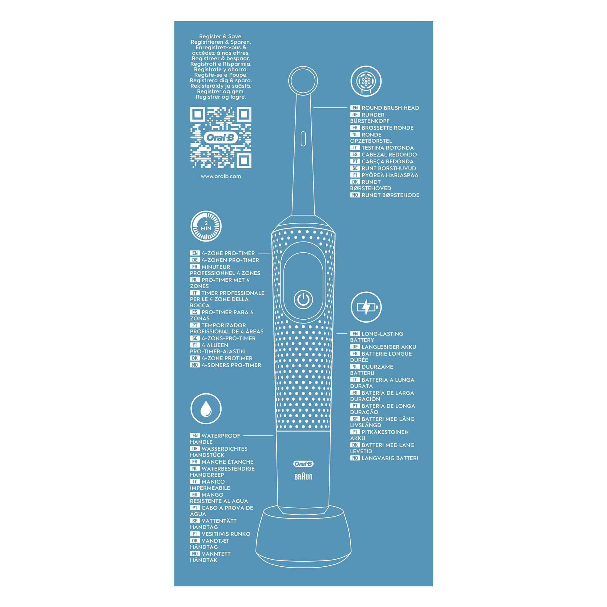 Oral-B Zahnbürste mit Hinweisen auf runden Bürstenkopf, 4-Zonen-Timer, wasserdichtes Handstück und langlebigen Akku.