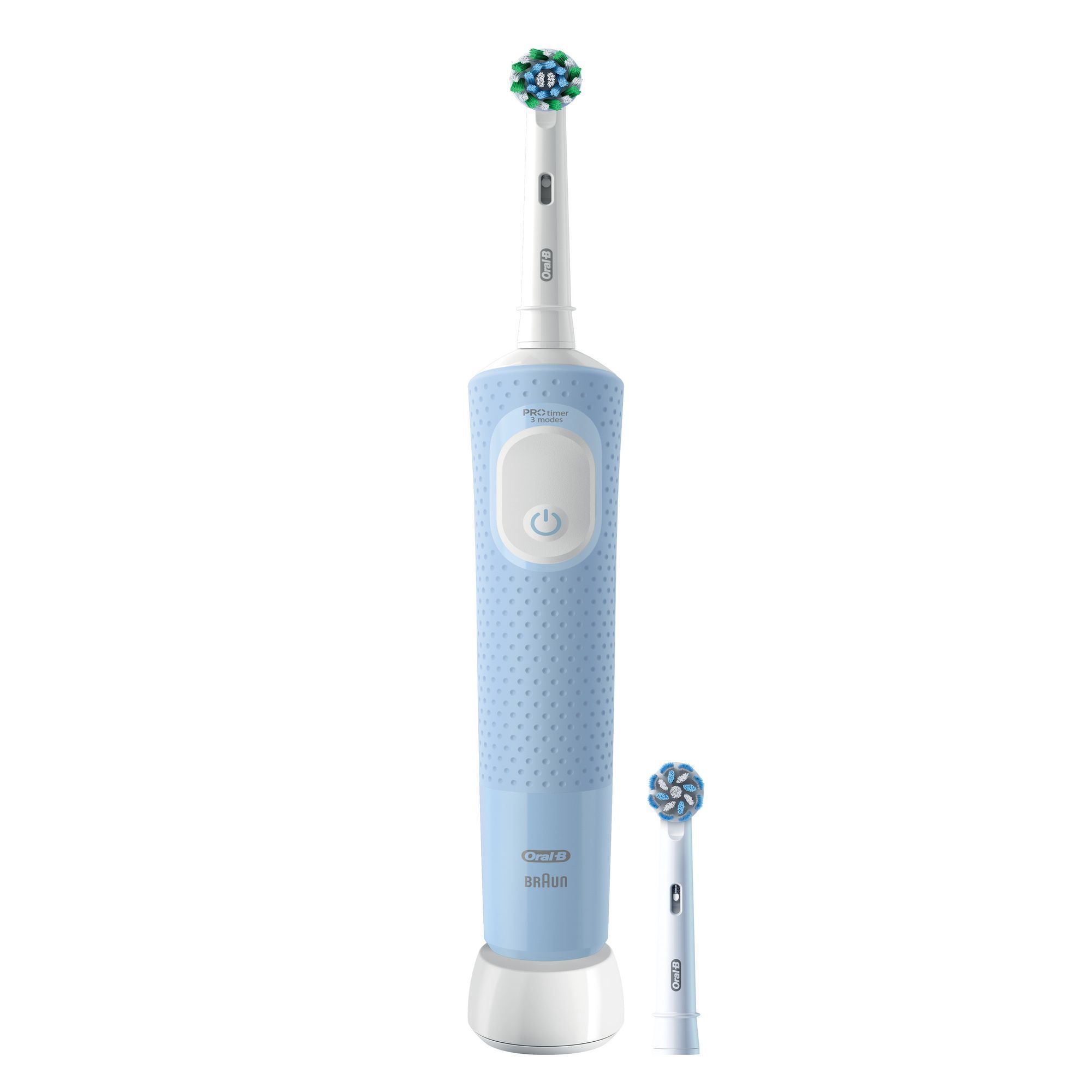 Oral-B Pro Series 1 elektrische Zahnbürste in Hellblau, mit Ladestation und einer zusätzlichen Aufsteckbürste.