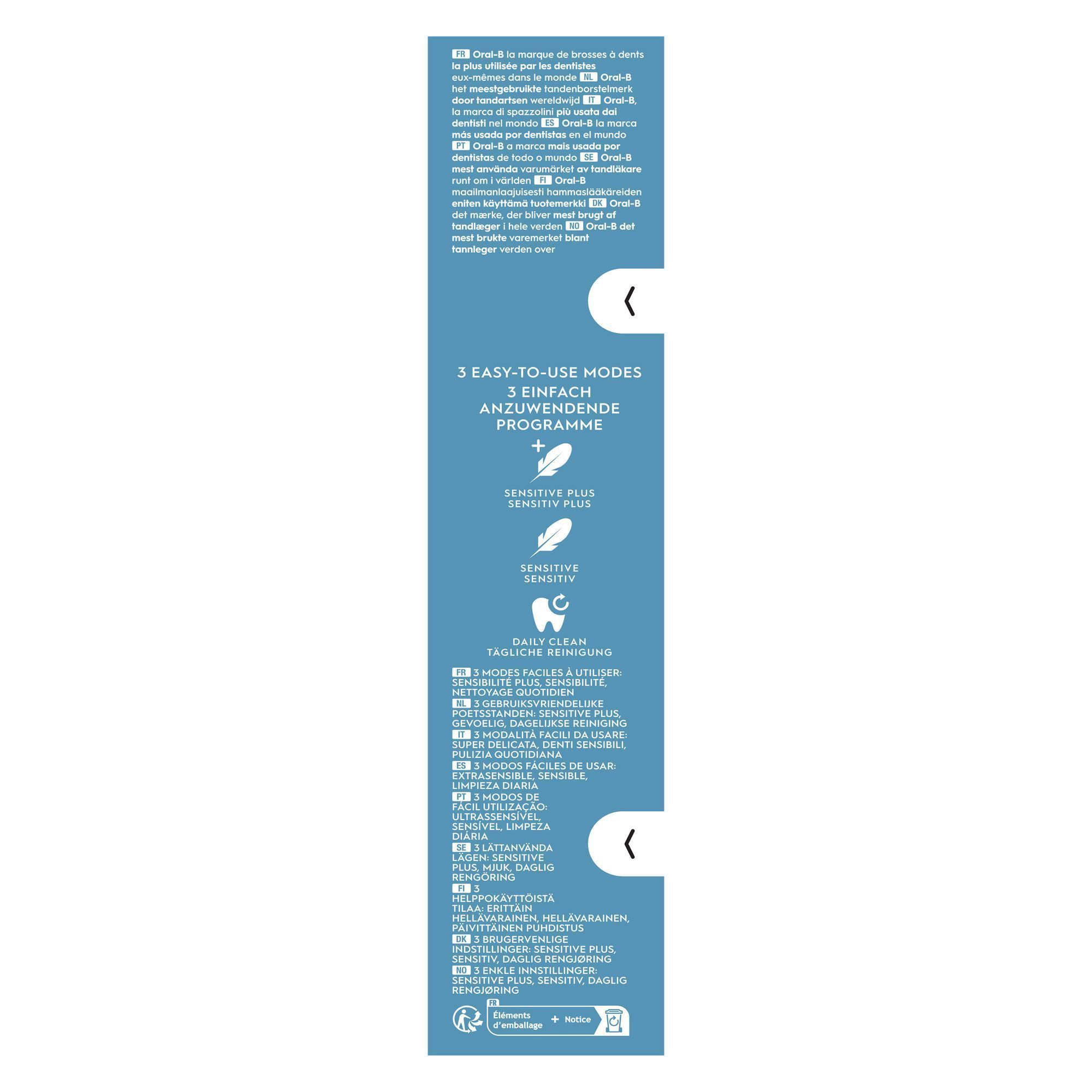 Oral-B Verpackung mit Hervorhebung der 3 einfach anzuwendenden Programme: Sensitive Plus, Sensitiv und Tägliche Reinigung.