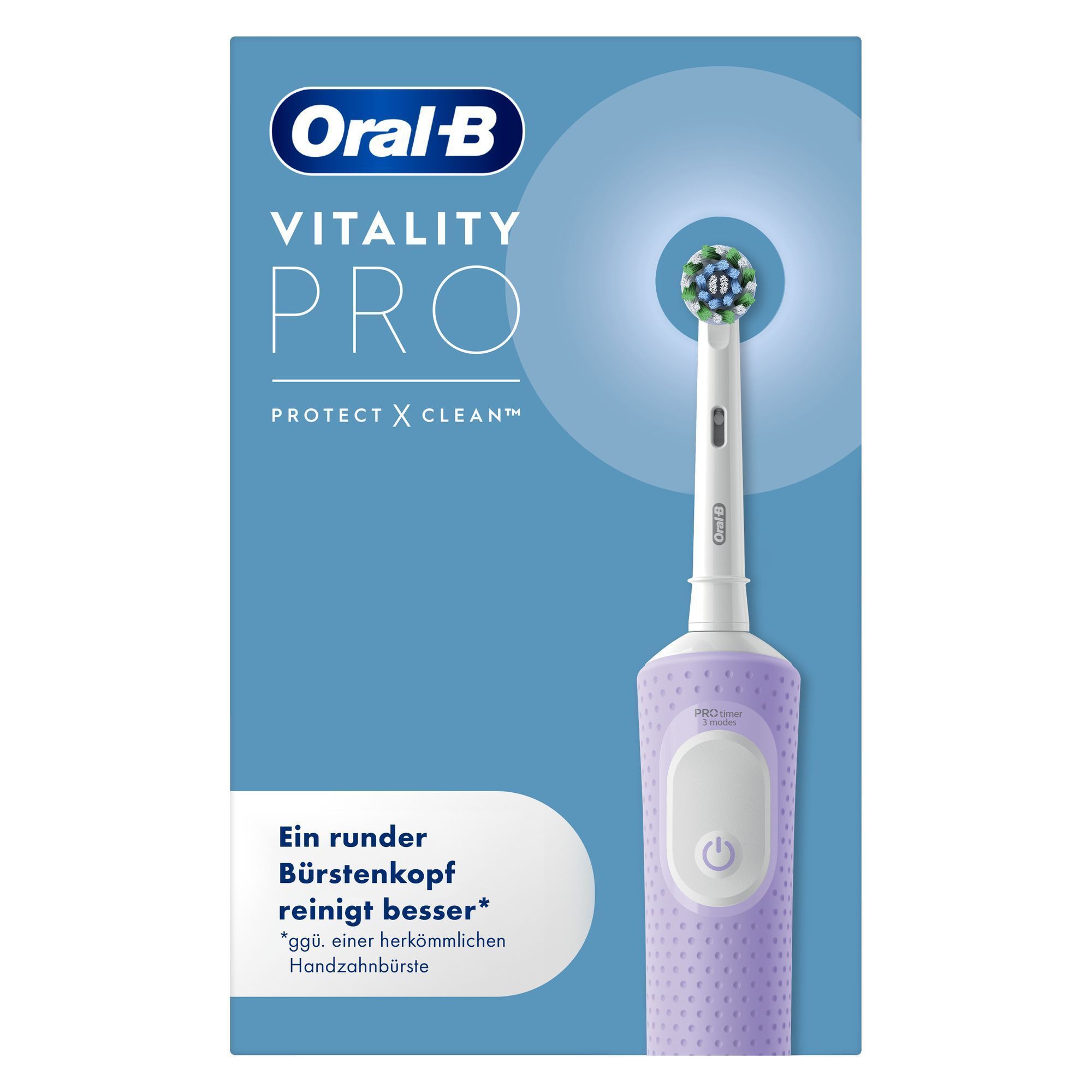 Oral-B Vitality Pro Zahnbürste mit Verpackung, die den runden Bürstenkopf hervorhebt, der besser reinigt als eine herkömmliche Handzahnbürste.