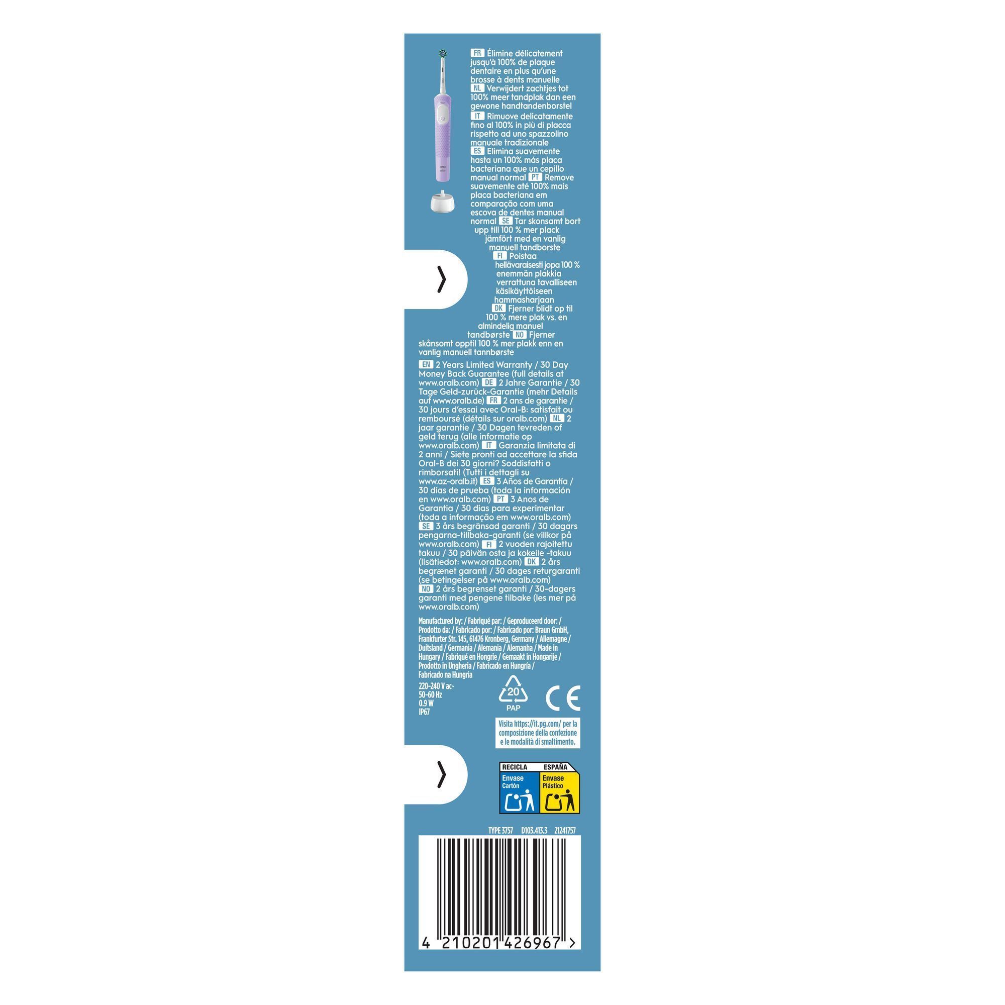 Oral-B Zahnbürste Verpackung, die hervorhebt, dass sie bis zu 100% mehr Plaque als eine Handzahnbürste entfernt.