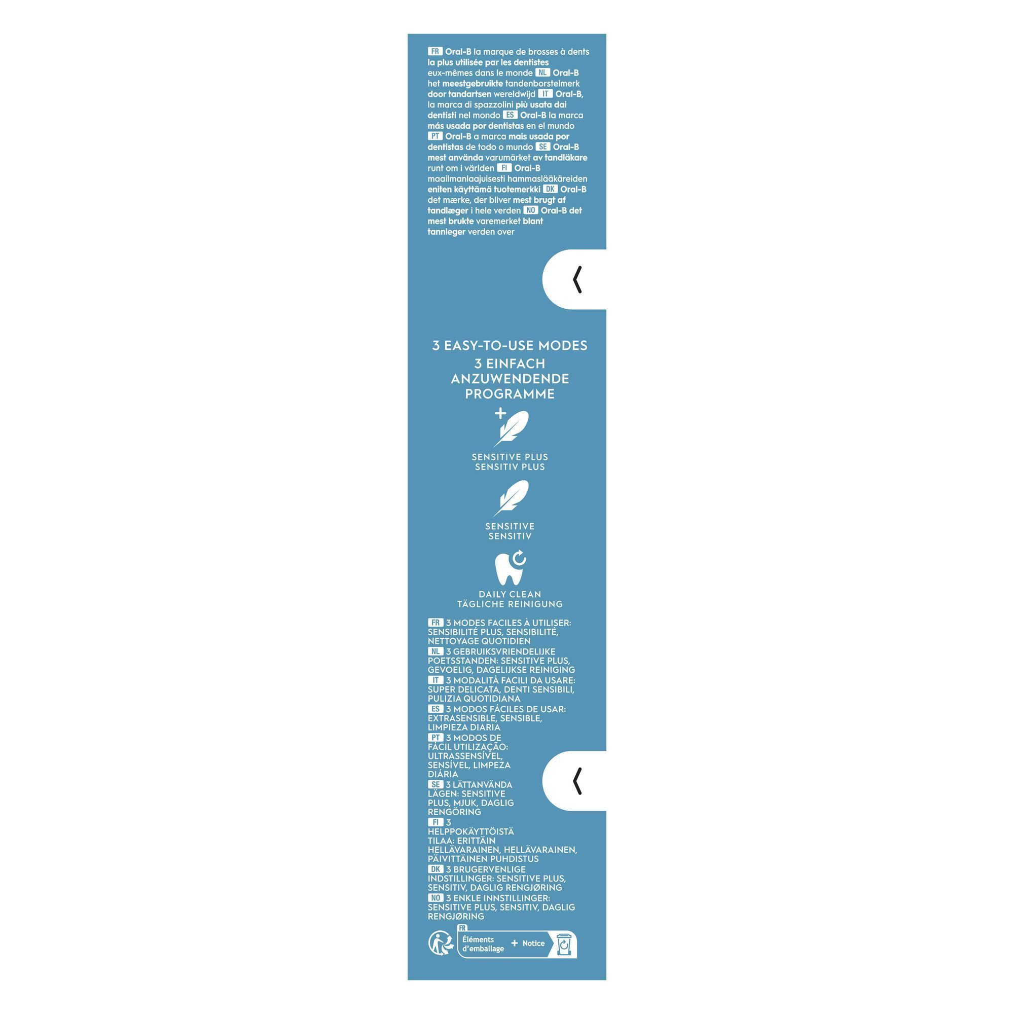 Oral-B Verpackung mit dem Hinweis auf 3 einfach anzuwendende Programme: Sensitiv Plus, Sensitiv und tägliche Reinigung.