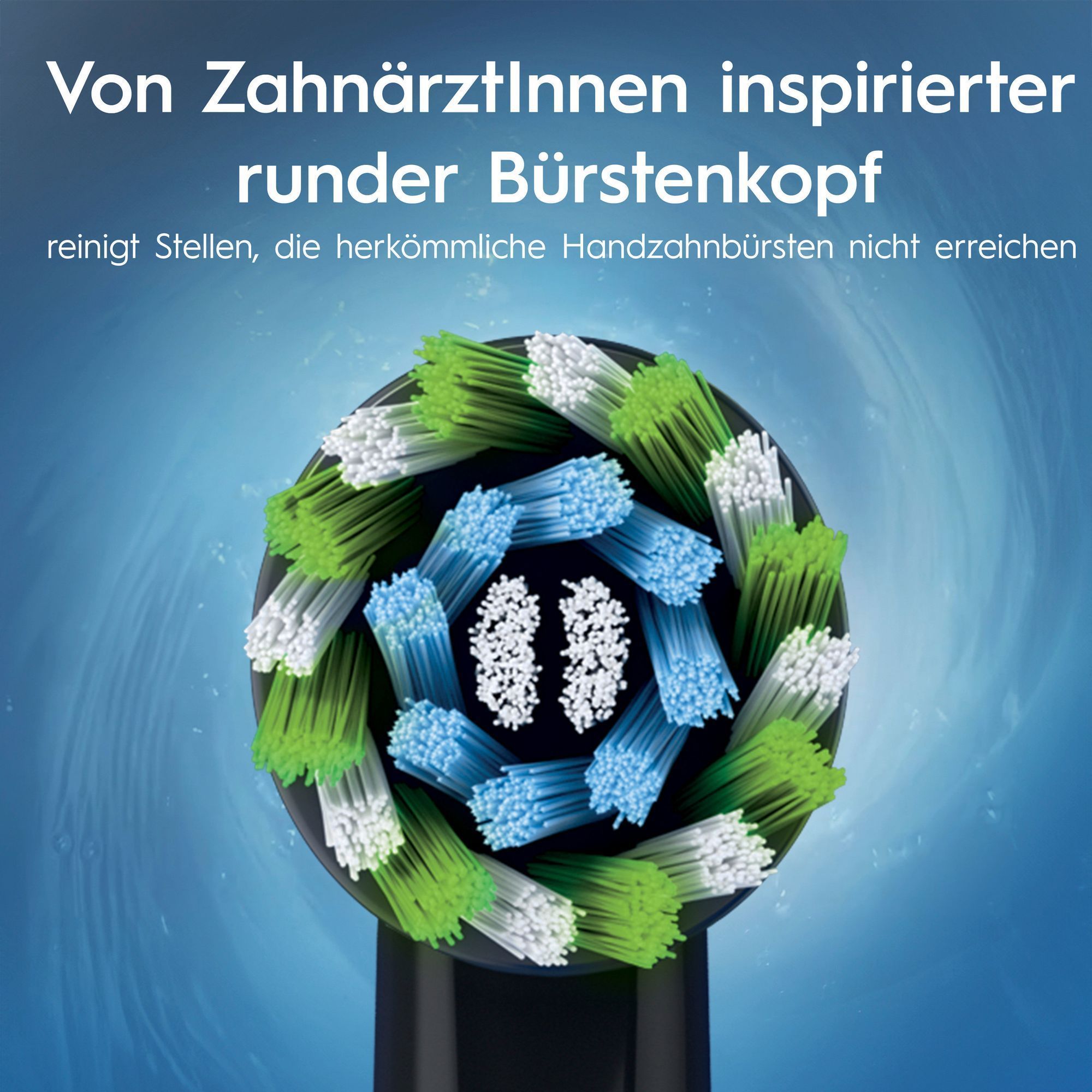 Von ZahnärztInnen inspirierter runder Bürstenkopf reinigt die Stellen, die herkömmliche Handzahnbürsten nicht erreichen