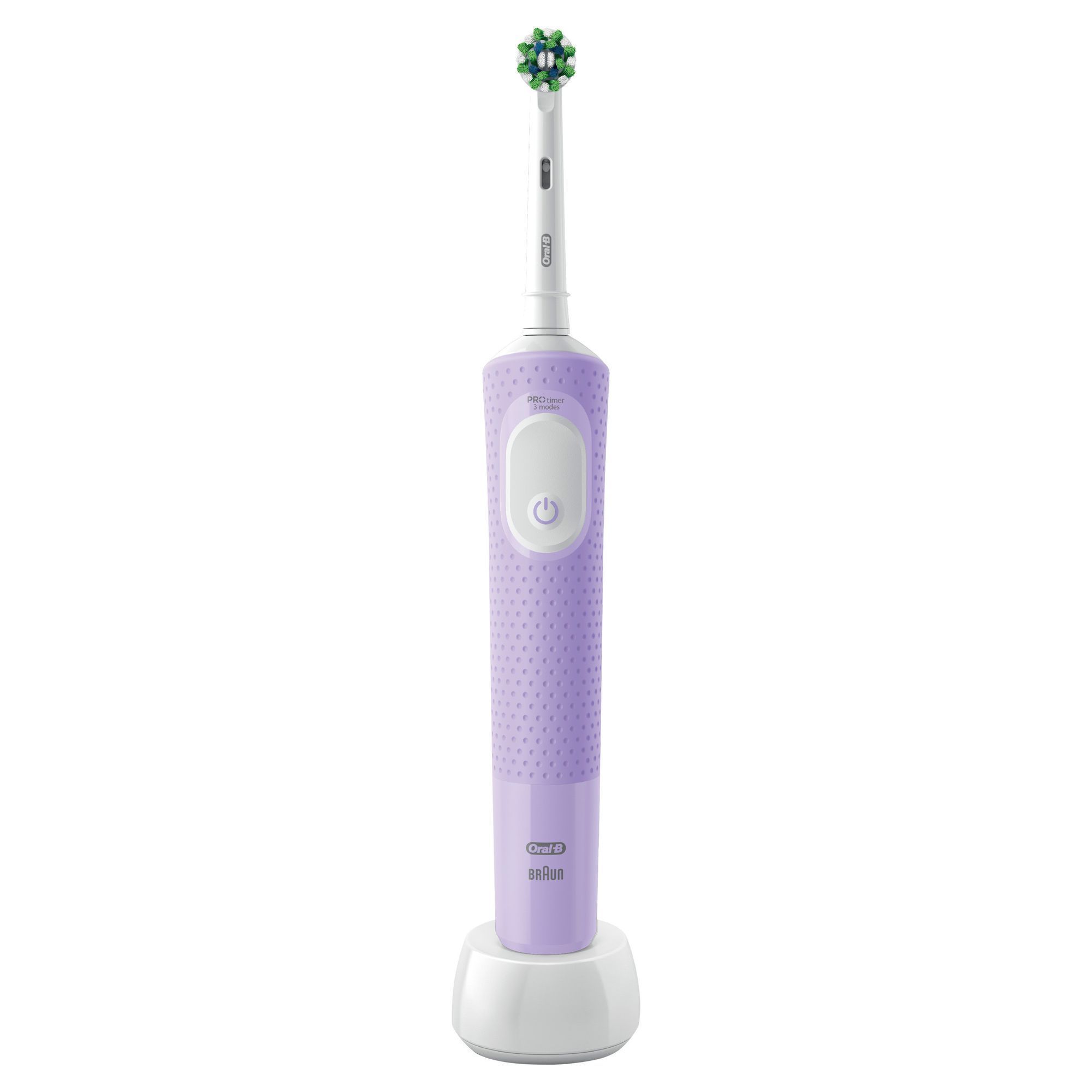 Oral-B Pro Timer 1 elektrische Zahnbürste in Lila, mit Ladestation und sichtbarem Pro Timer 2 Minuten Hinweis.