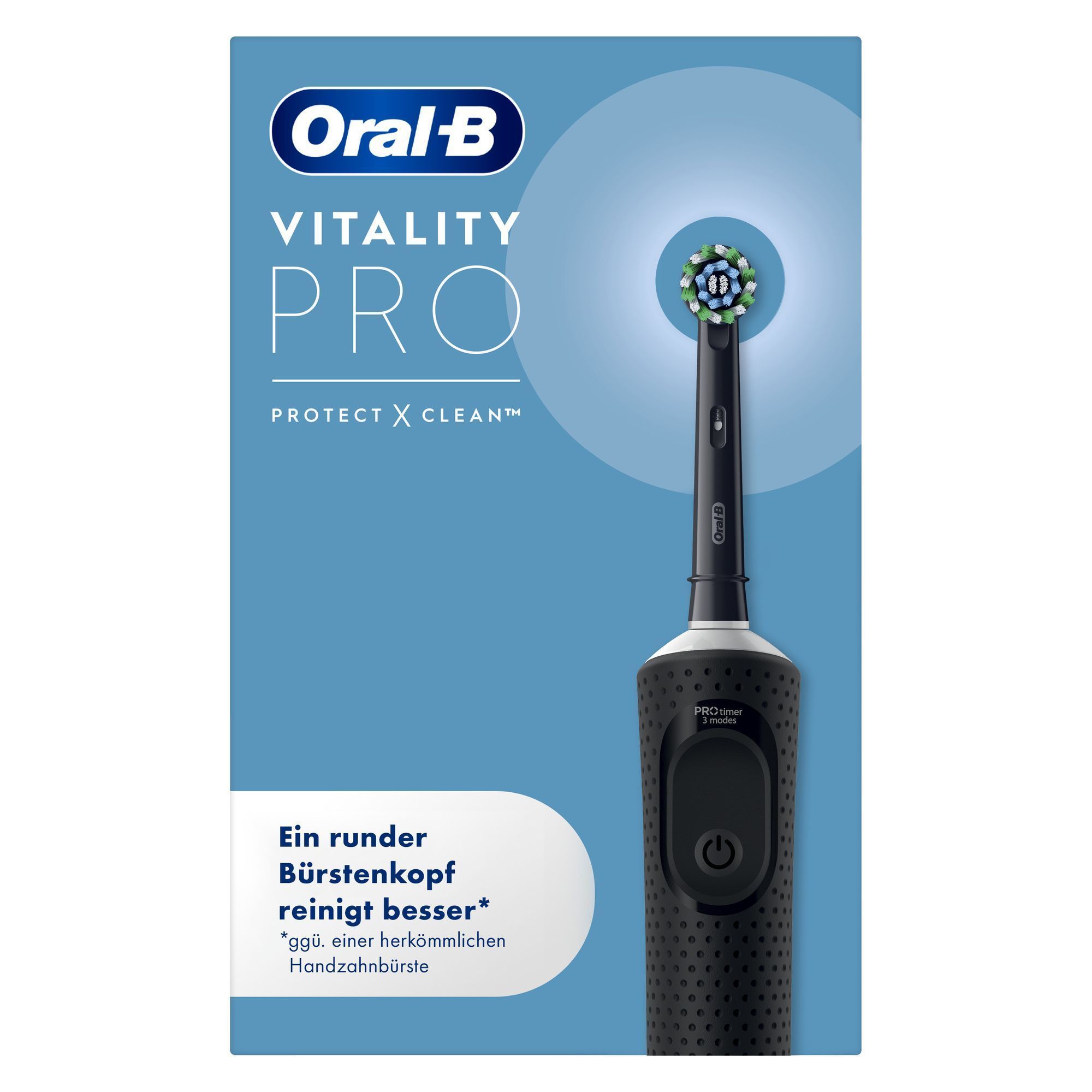 Oral-B Vitality Pro Zahnbürste, Verpackung mit dem Hinweis "Ein runder Bürstenkopf reinigt besser* ggü. einer herkömmlichen Handzahnbürste".