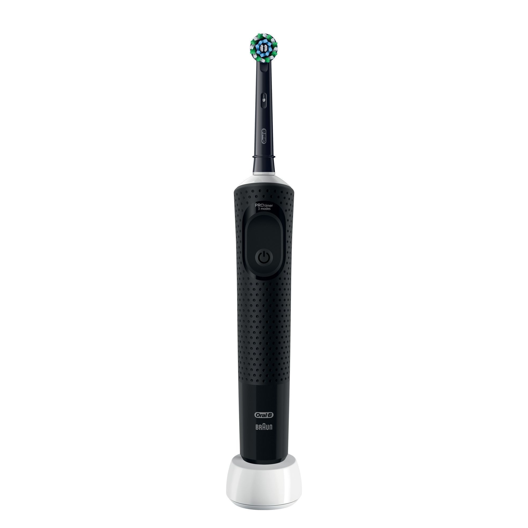 Oral-B PRO 100 elektrische Zahnbürste in Schwarz, mit sichtbarem "PRO Timer 3 Modes" Aufdruck auf dem Griff.