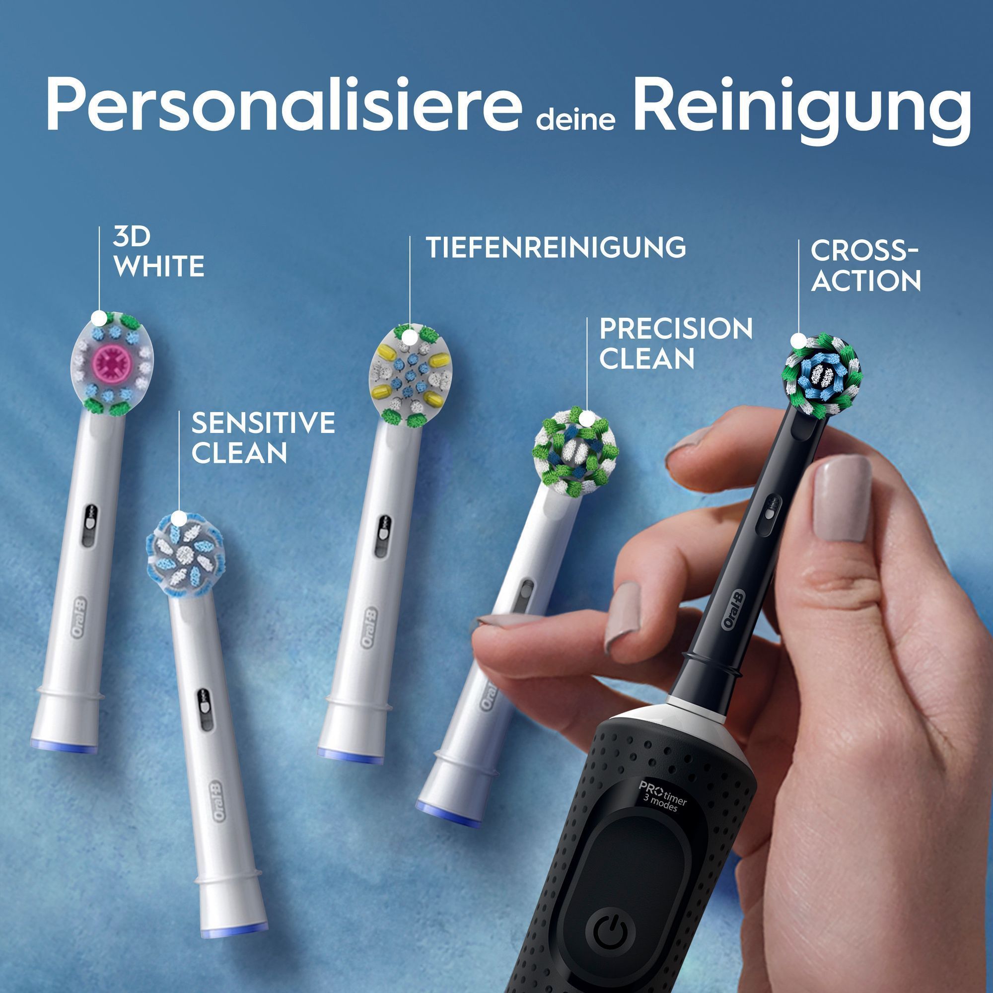 Oral-B elektrische Zahnbürste mit verschiedenen Aufsteckbürsten für eine personalisierte Reinigung: 3D White, Sensitive Clean, Tiefenreinigung, Precision Clean, Cross Action