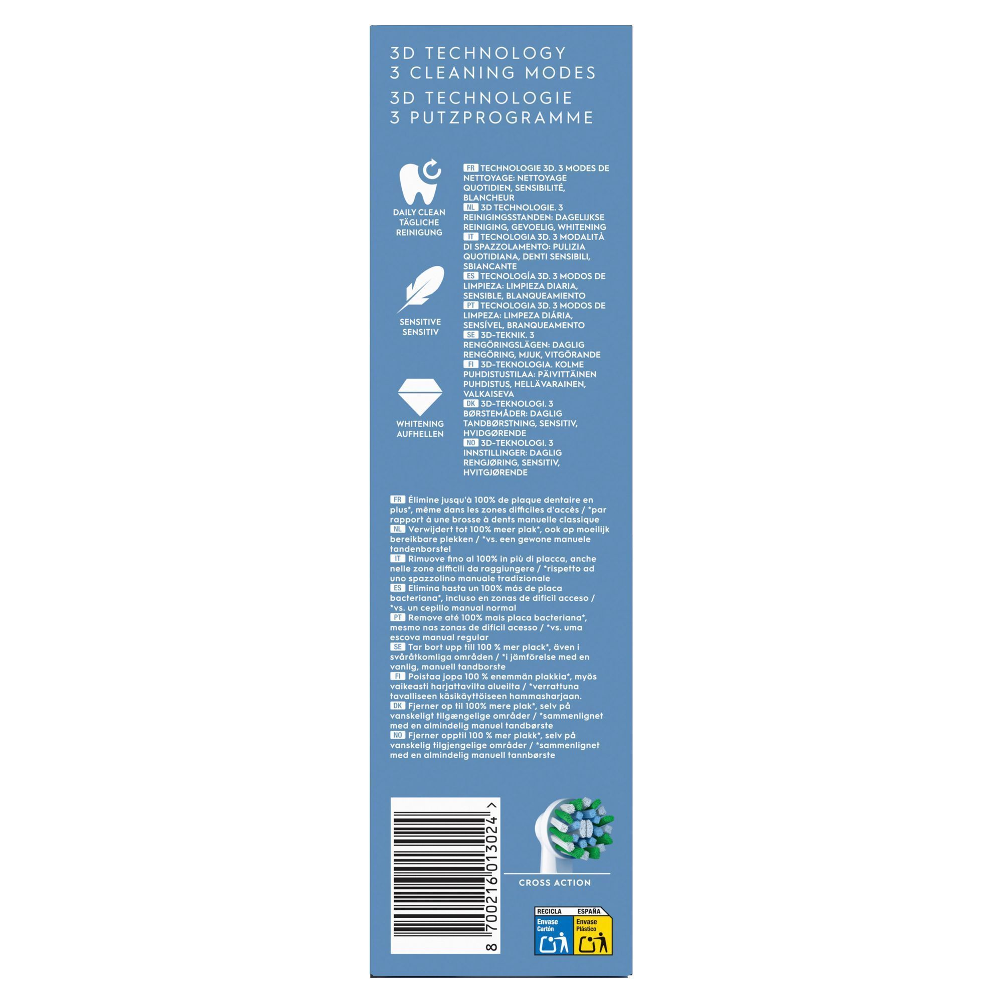 Oral-B Cross Action Verpackung, die "Entfernt bis zu 100% mehr Plaque" im Vergleich zu einer herkömmlichen Handzahnbürste hervorhebt.