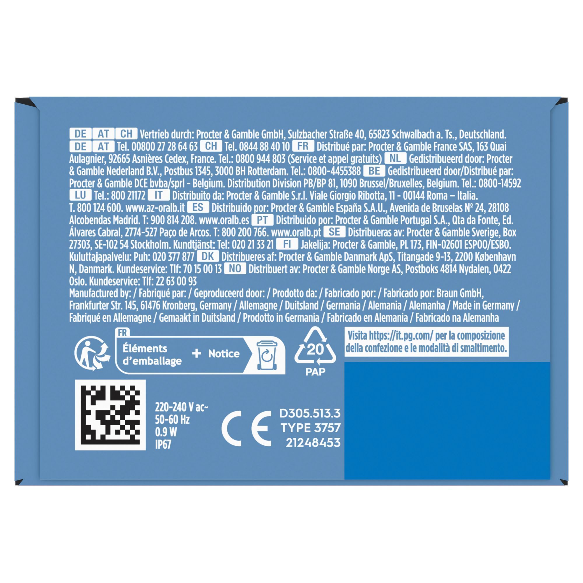 Oral-B Verpackung mit Hinweisen zur Entsorgung der Verpackungselemente und Informationen zu den Recycling-Symbolen.