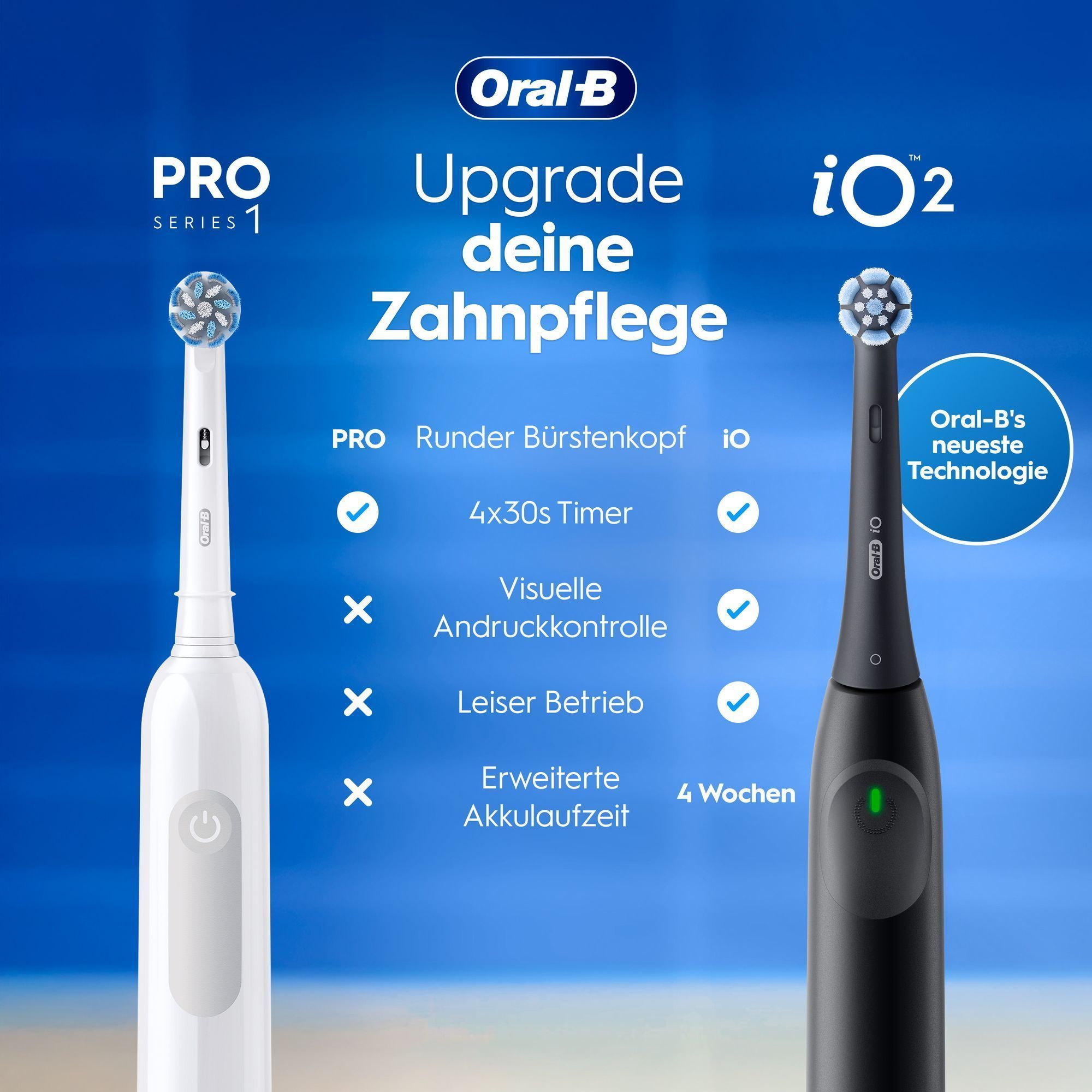 Gegenüberstellung der Oral-B Pro Series 1 und iO2 Zahnbürsten mit hervorgehobenen Vorteilen wie 4x30s Timer und Oral-B's neuester Technologie.