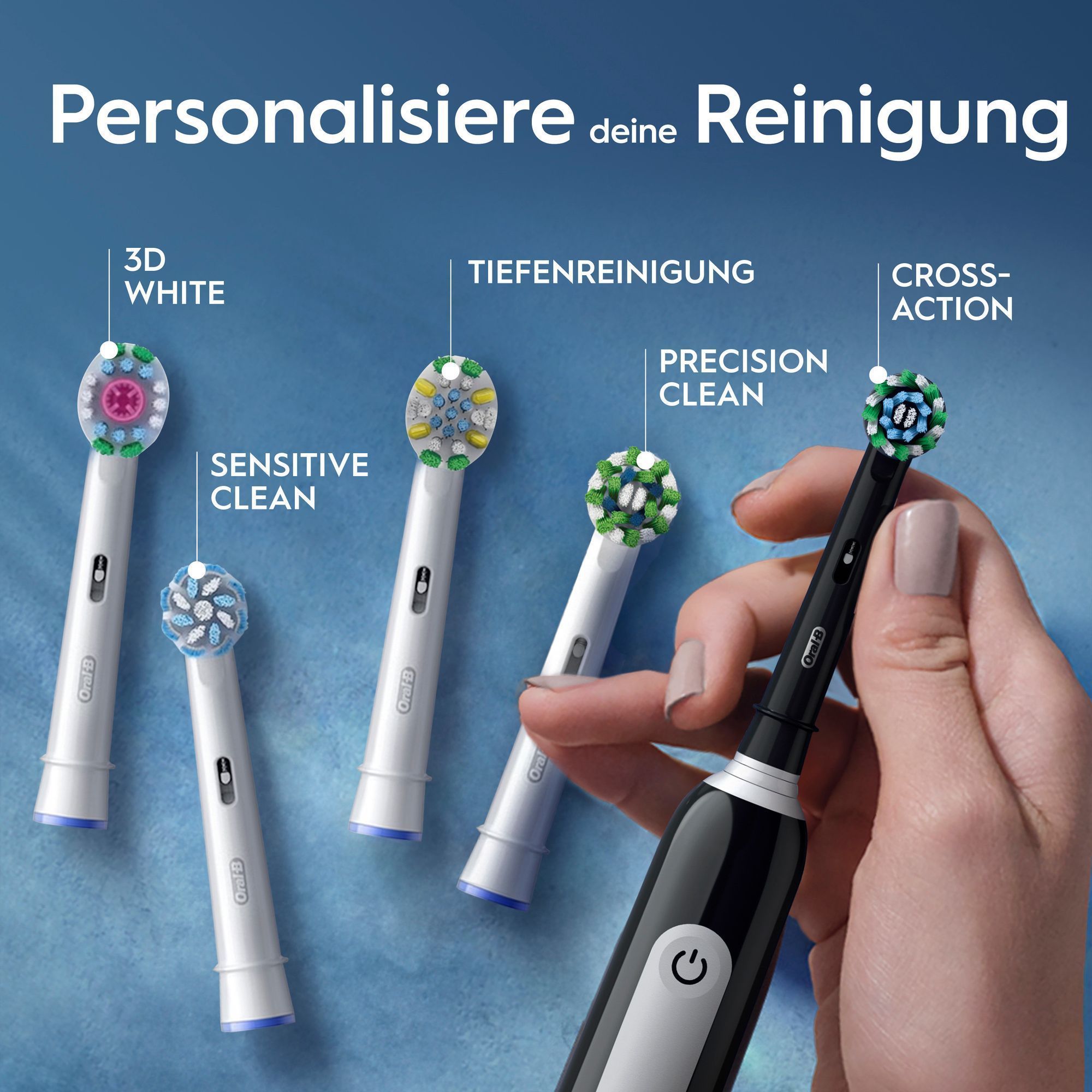Oral-B elektrische Zahnbürste mit verschiedenen Aufsteckbürsten für eine personalisierte Reinigung: 3D White, Sensitive Clean, Tiefenreinigung, Precision Clean, Cross Action