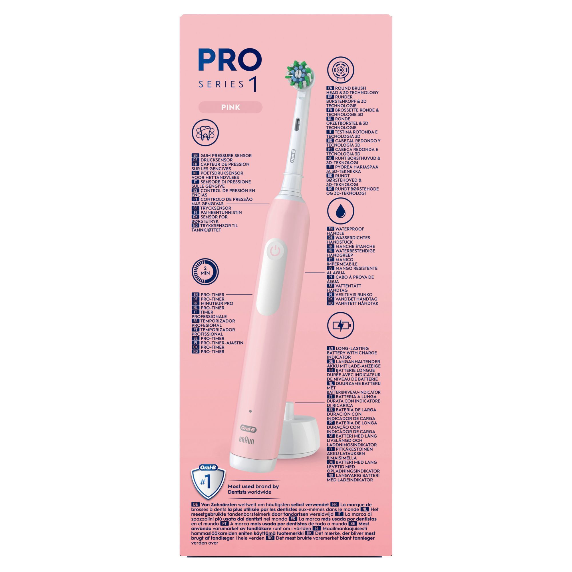 Oral-B PRO Series 1 Pink Zahnbürste, mit dem Hinweis "Von Zahnärzten weltweit am häufigsten selbst verwendet".