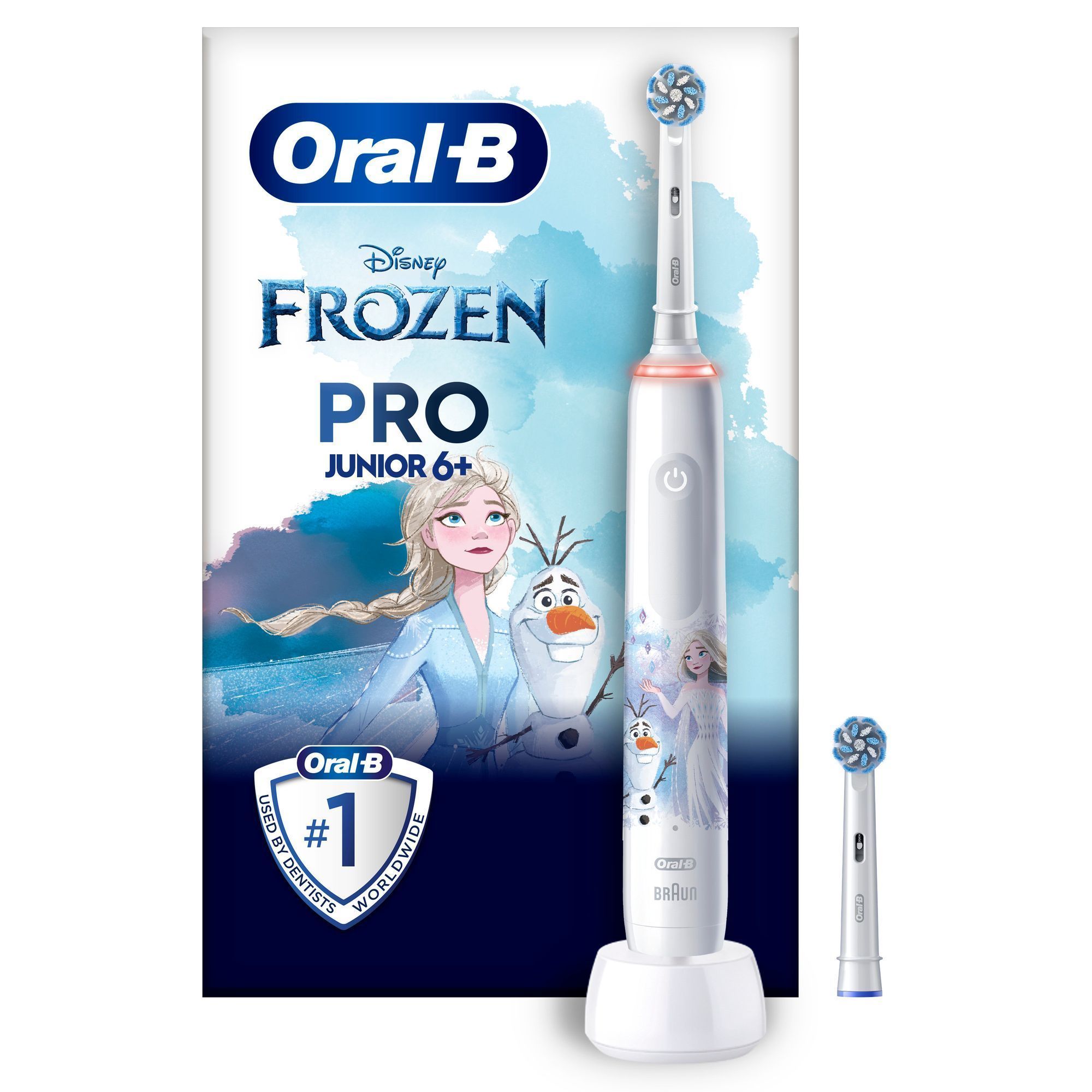 Oral-B Disney Frozen Pro Junior 6+ elektrische Zahnbürste mit Verpackung, die mit "Nummer 1 von Zahnärzten weltweit verwendet" wirbt.