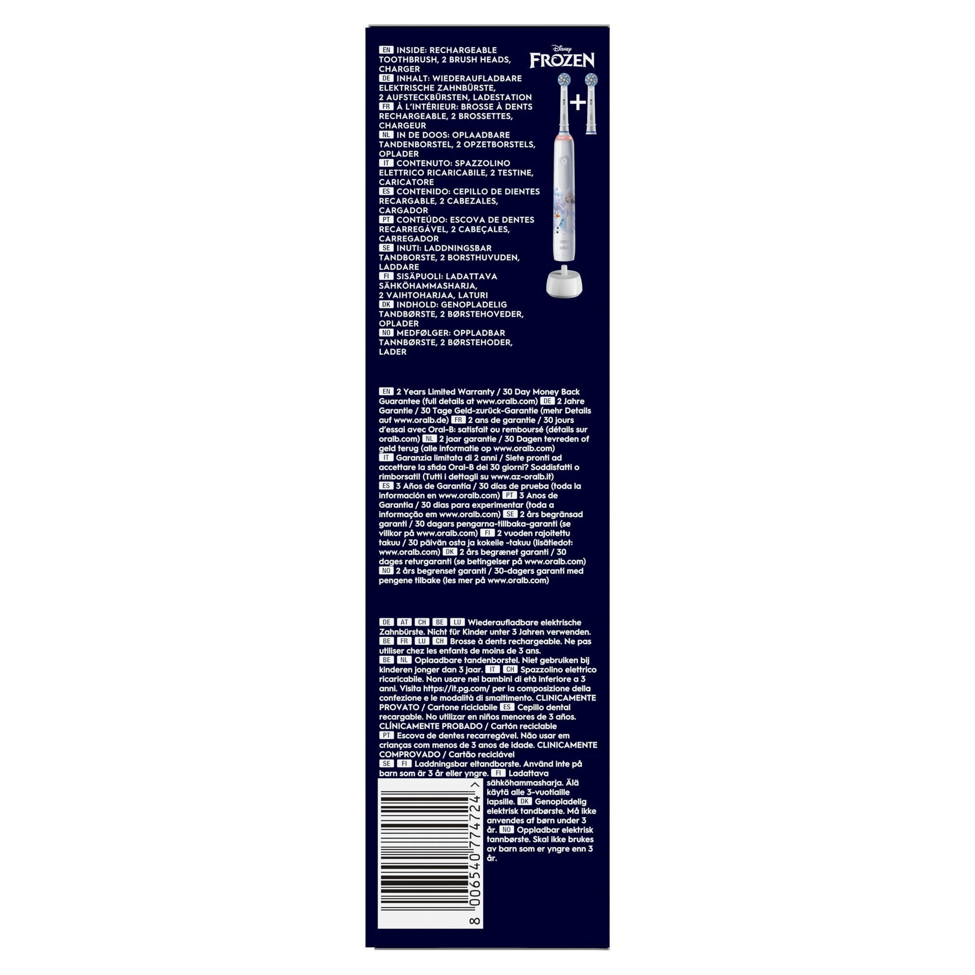 Oral-B wiederaufladbare elektrische Zahnbürste, Disney Frozen Design, inklusive 2 Aufsteckbürsten und Ladestation.