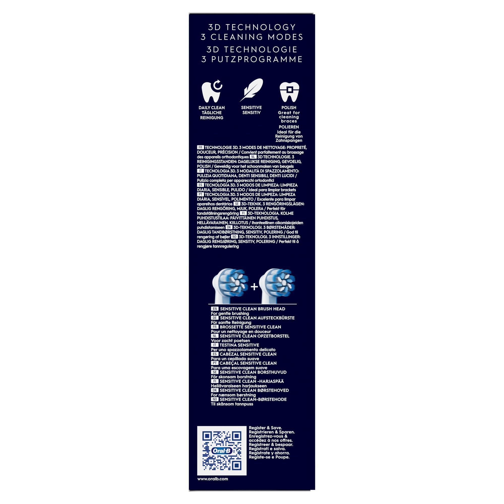 Oral-B Verpackung mit dem Hinweis auf 3D Technologie und 3 Putzprogramme: Tägliche Reinigung, Sensitiv und Polieren.