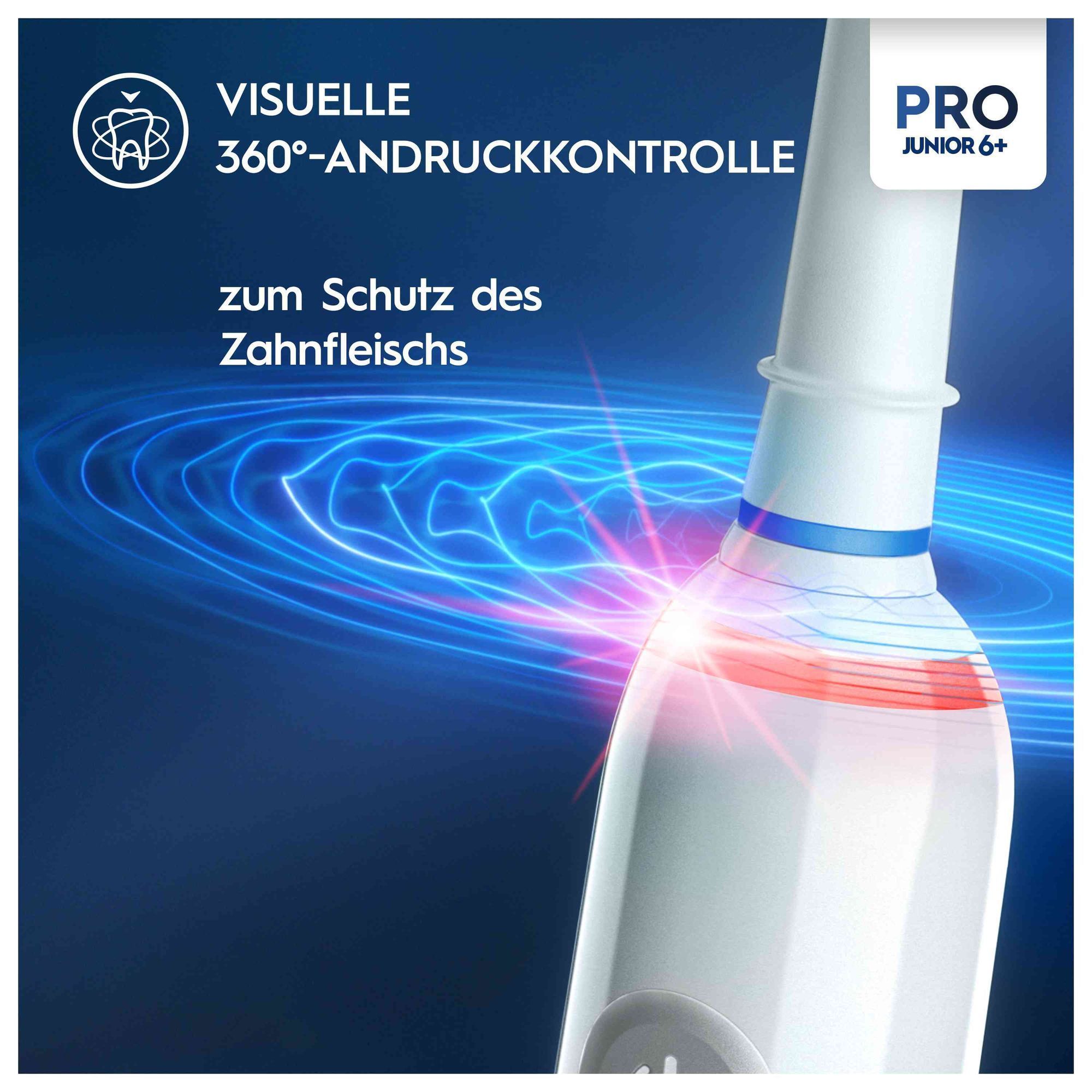 Die Oral-B Pro Junior 6+ Zahnbürste mit visueller 360°-Andruckkontrolle zum Schutz des Zahnfleischs wird hervorgehoben.