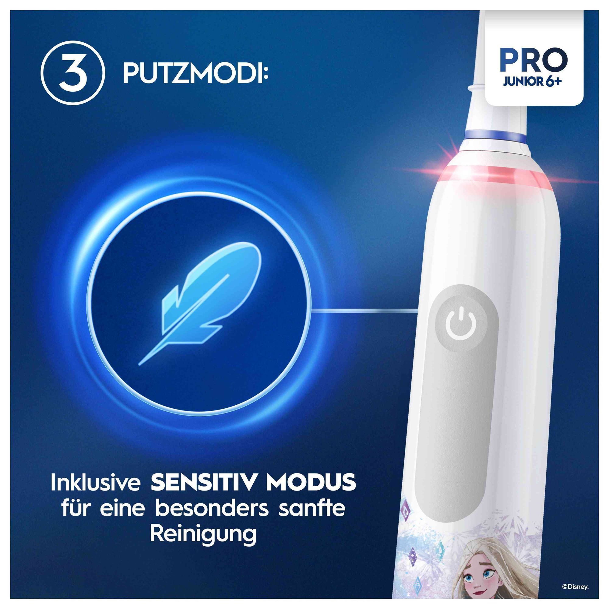 Oral-B Pro Junior 6+ Zahnbürste mit Hervorhebung des Sensitiv-Modus für besonders sanfte Reinigung.
